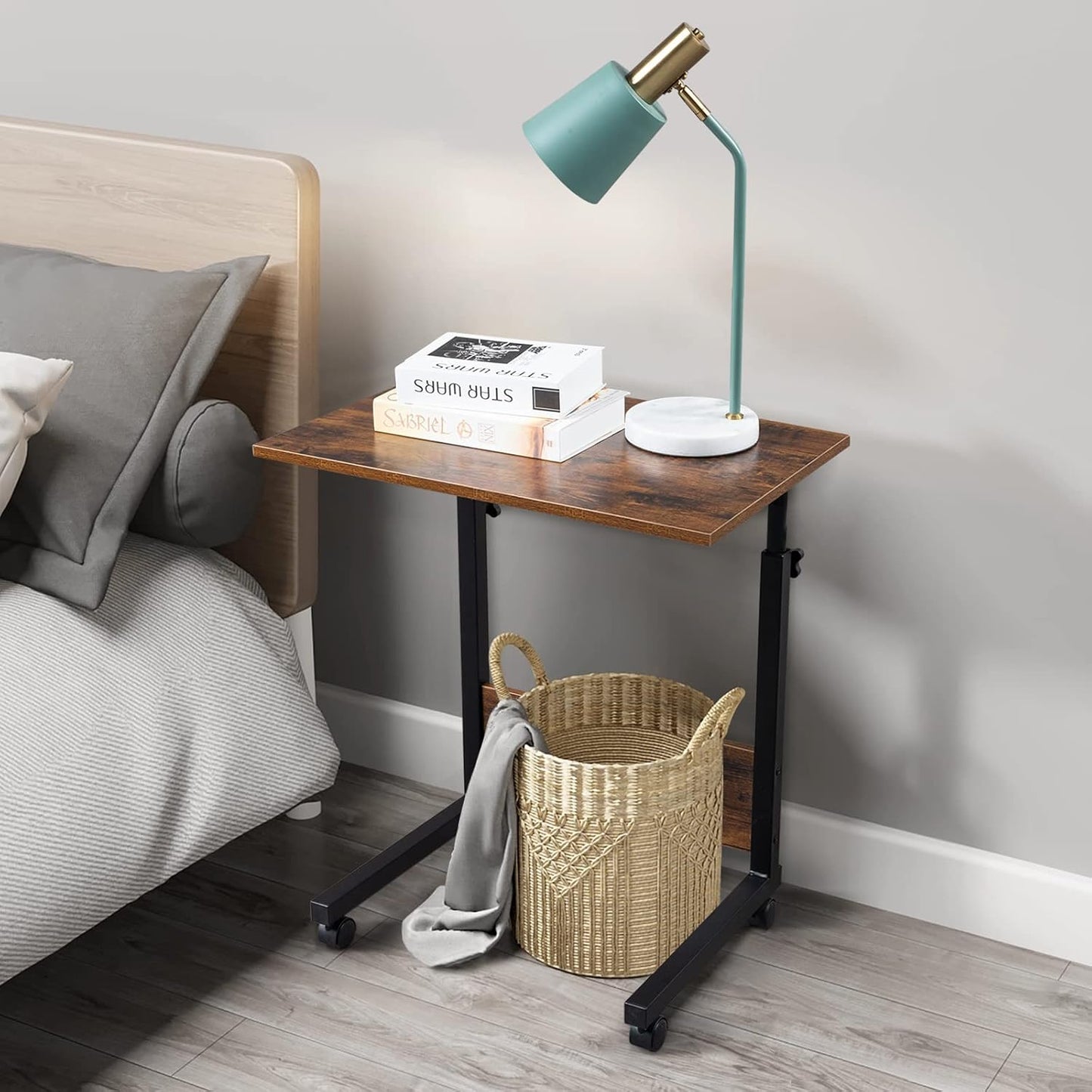 23.62 15.74 27.16-37.79 Mobile Side Table, Mobile Laptop Desk Cart, Adjustable Over Bed Table with Wheels for Sofa