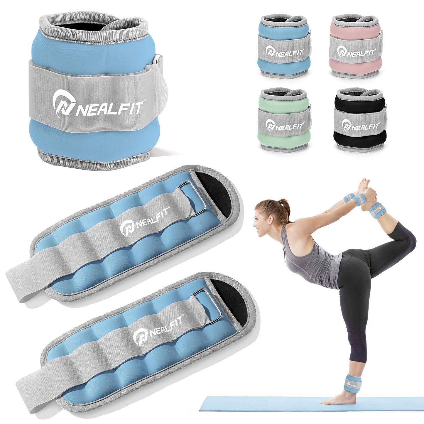 NEALFIT Ankle Wrist Weights, Adjustable Arm Leg Weights for Women Men, Secure Fit Non-Slip Exercise Weights for Home Workout, Running, Walking, Aerobics, Physical Therapy (Haze Blue, 2Lbs Pair (1lb x 2))