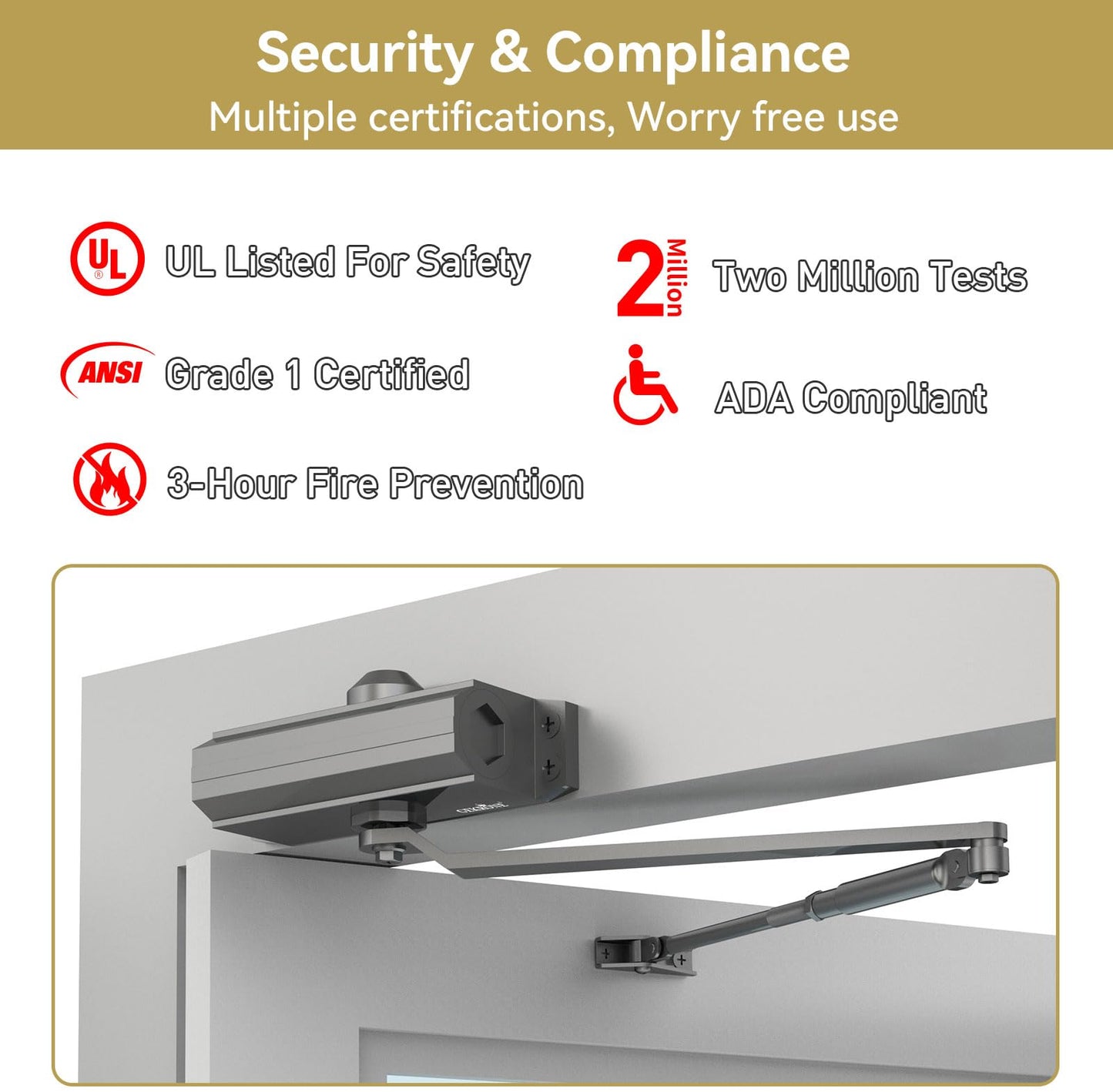 GEKRONE Automatic Door Closer Heavy Duty Fire Prevention Spring Hydraulic Aluminum Alloy Surface Mounted Residential Commercial Grade Door Closer Adjustable Speed Door Weights 55-99 Lbs Size1-Black