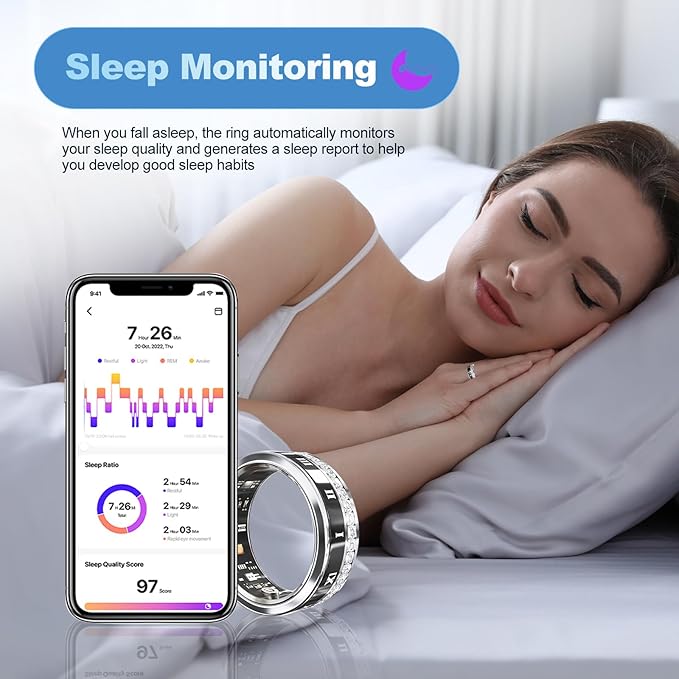 Diamond-encrusted Smart Health Ring for Men and Women - Fitness Tracker with Heart Rate, Blood Oxygen, Blood Pressure, Step Counting, Sleep Monitoring, IP68 Waterproof for iPhone and Android, Black 8#