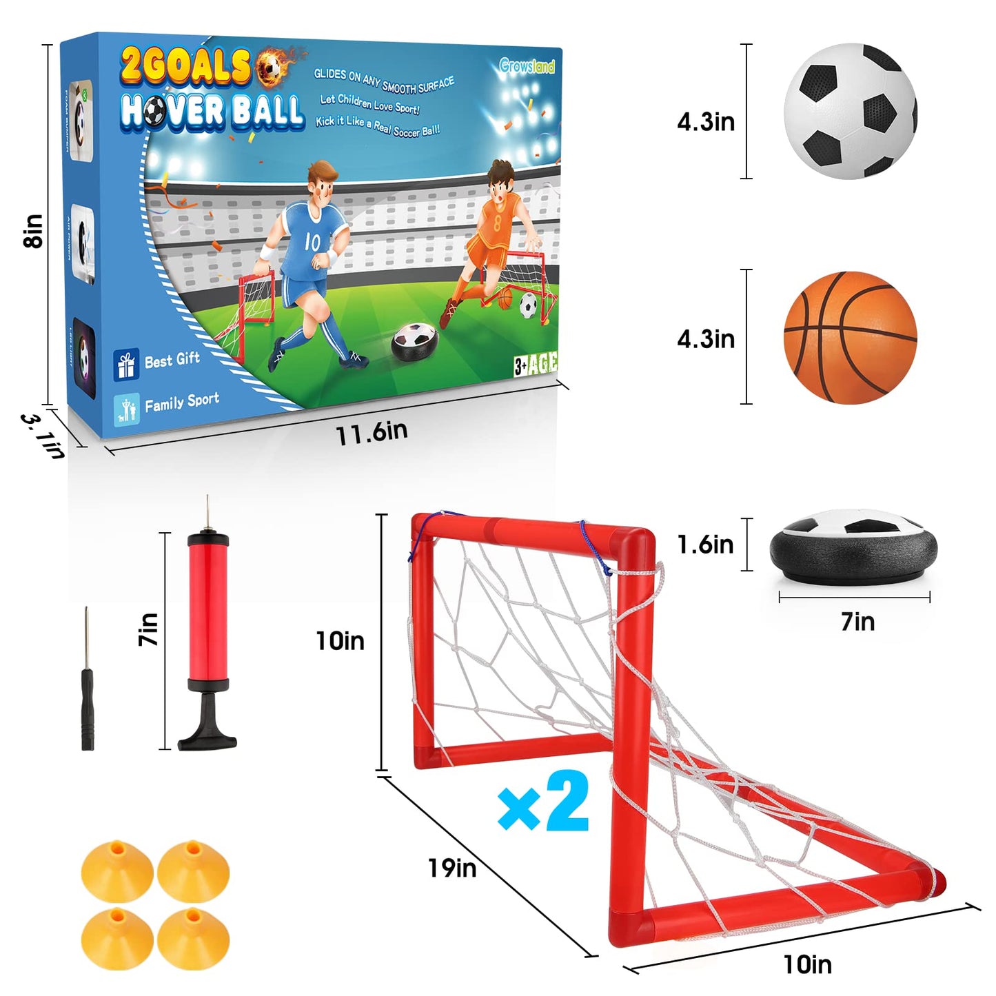 Growsland Boy Toys Hover Soccer Ball with 2 Goals, Indoor Soccer Gifts for Boys, LED Soccer Ball with Foam Bumper Inflatable Soccer Toys for 3 4 5 6 7 8 9 10+ Years Old Girls Boys