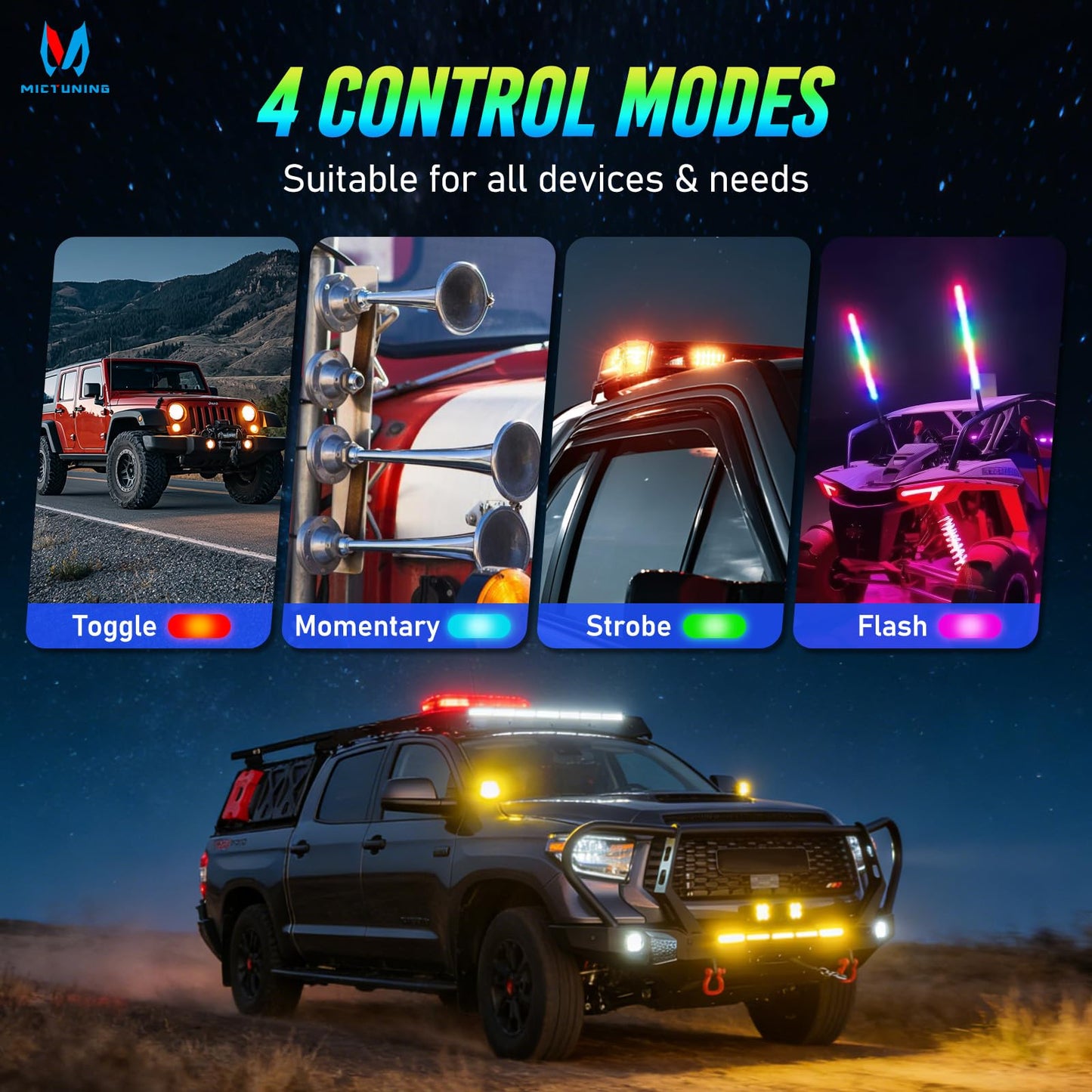 MICTUNING MS-W 8 Gang Slim Wireless Switch Panel, 208FT Range Multi-Panel Control, Toggle Momentary Strobe Pulsed Flash, RGB Dimmable Backlit, Circuit Relay System Box, No Drilling for Car RV UTV