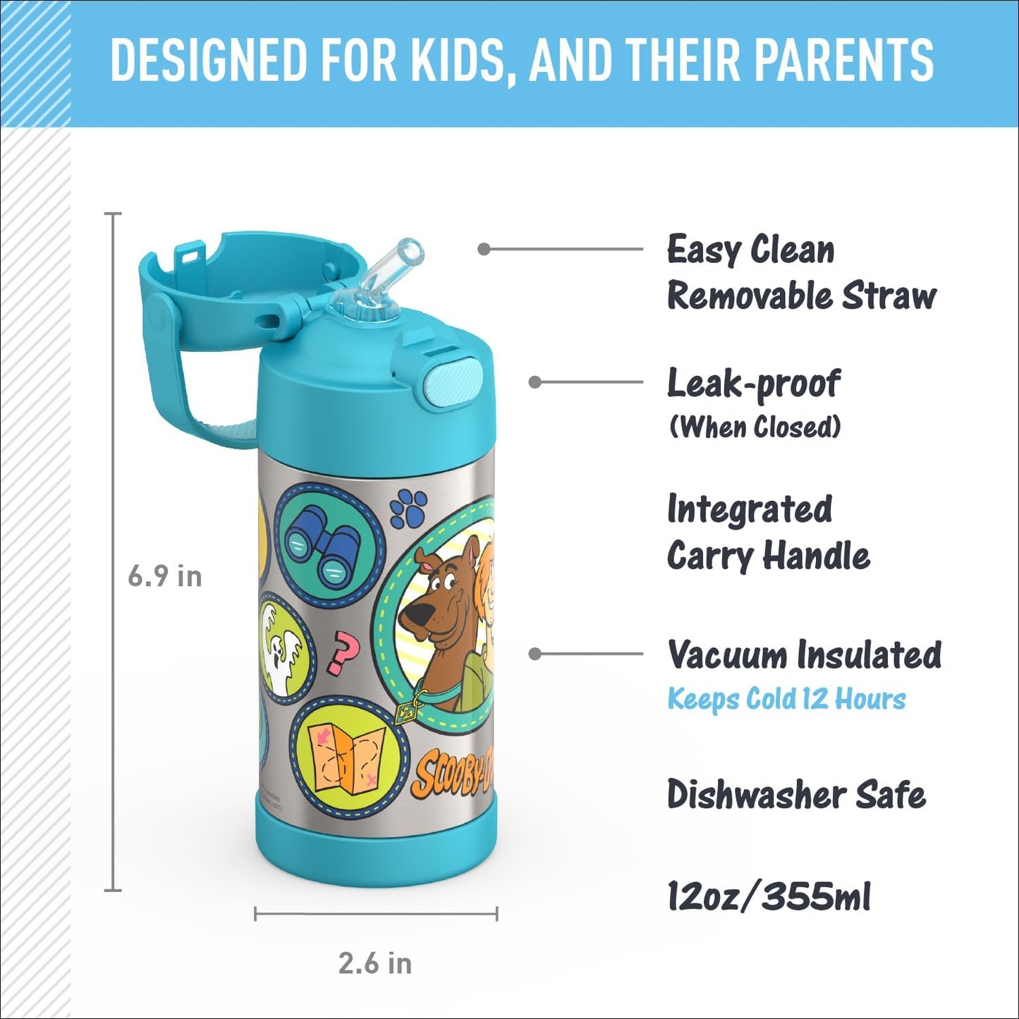 THERMOS FUNTAINER Water Bottle - 12 Ounce Kids Stainless Steel Insulated Bottle with Straw | Scooby-Doo Design