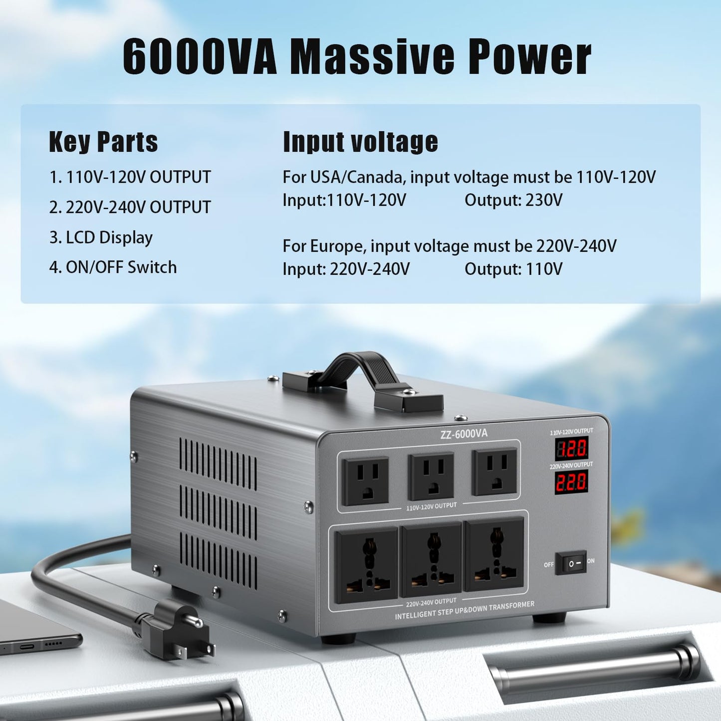 6000W Voltage Converter Transformer Step Up/Down 110V/120V to 220V/240V, Auto Voltage Recognition, Heavy Duty Power Converter with 6 Outlets, LCD Display & Circuit Breaker for Home, International Use