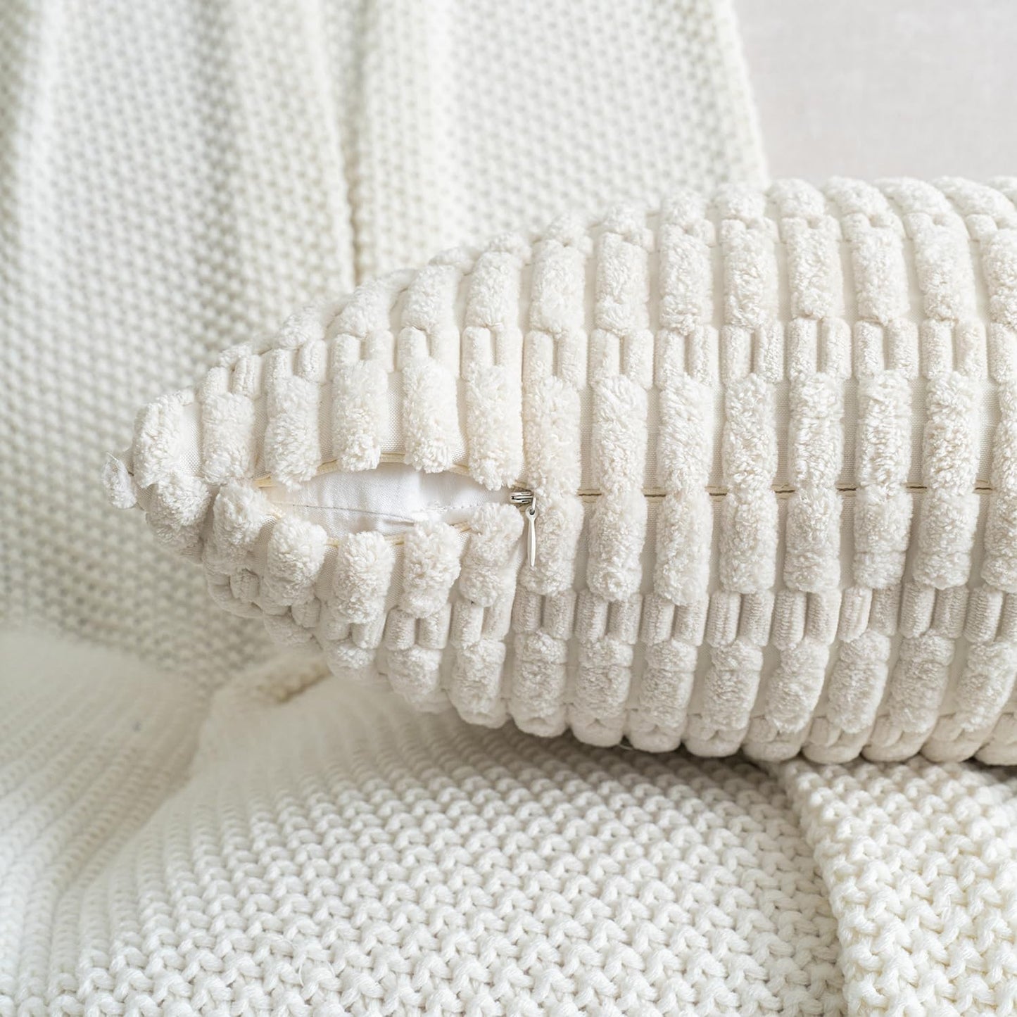 Skiennix Corduroy Throw Pillow Covers - Soft Boho Striped Design | 18x18 Inch Cream White for Modern Home Decor