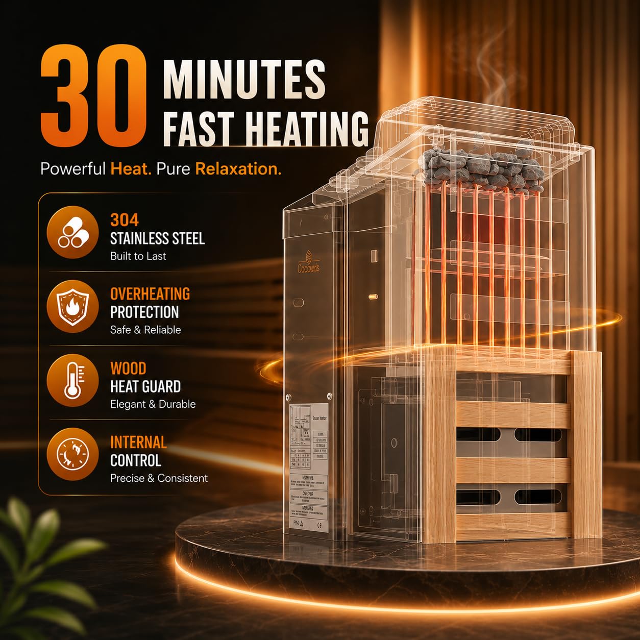 2KW 110V Sauna Heater with Plug, No Need for Wiring, Plug and Play, 100 Cu.Ft. Heated Area, Electric Sauna Heater with 3h Timera and Internal Temperature Control, Suitable for Small Sauna Rooms