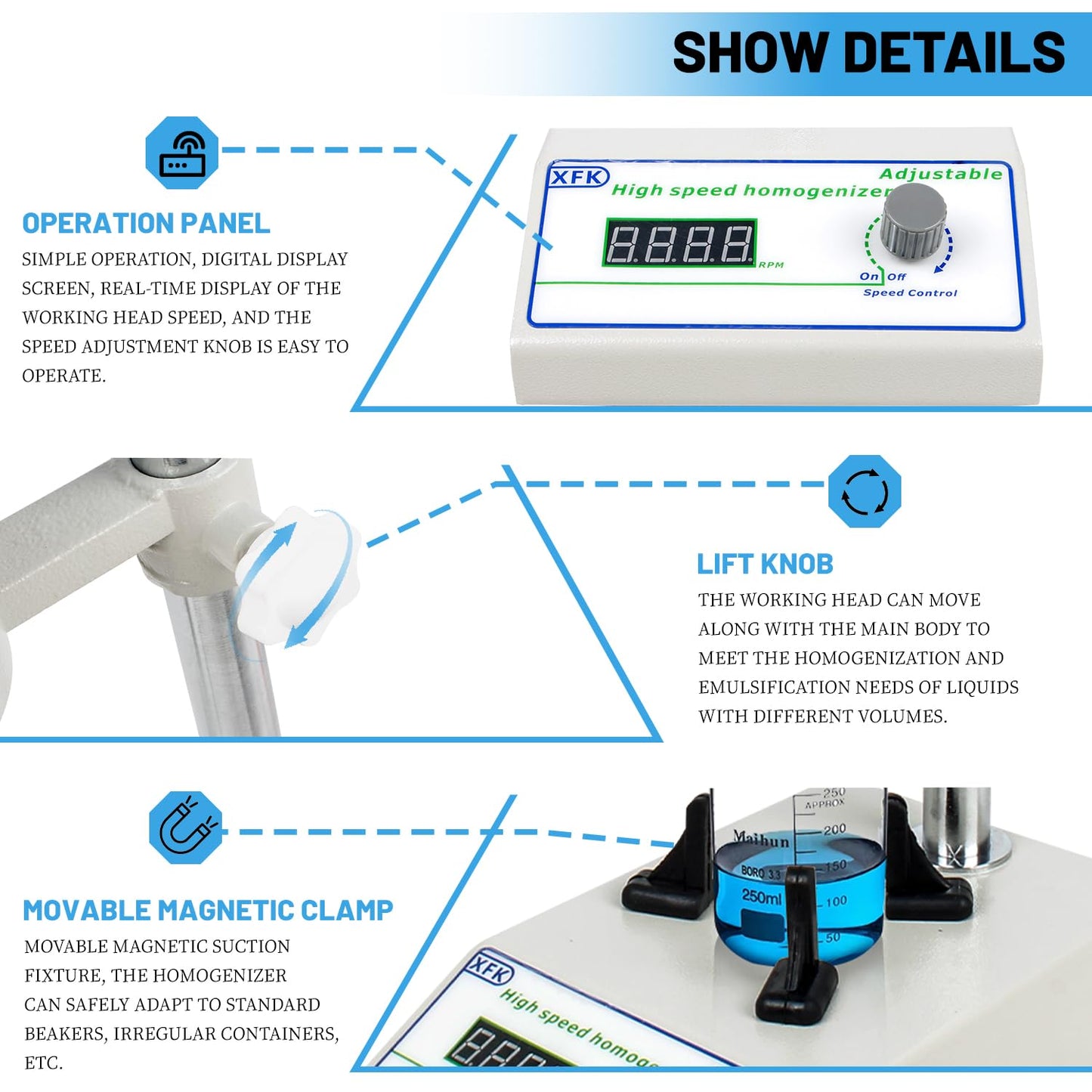CNCTOPBAOS Lab Homogenizer FSH-2A, 220W 110V High Speed Emulsifier Disperser 5-1000ml, 5000-22000rpm Speed Adjustable, w/ 12mm/18mm Two Stainless Steel Working Heads Mixer Emulsifying Machine
