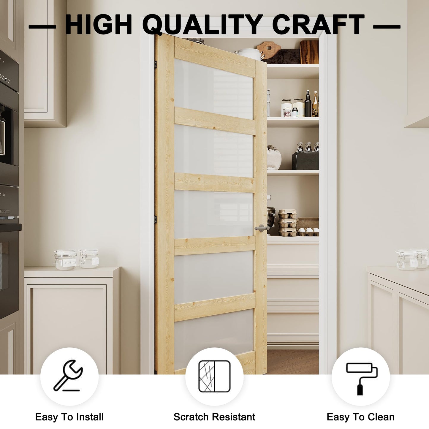 CRUTOP 24"x80" 5 Lite Frosted Glass Interior Door Slab Shaker, Pre-Built Panel for Barn Doors, Pocket Doors, French Door, Pantry, Bedroom, Closet, Laundry & Bathroom, Solid Knotty Pine Wood