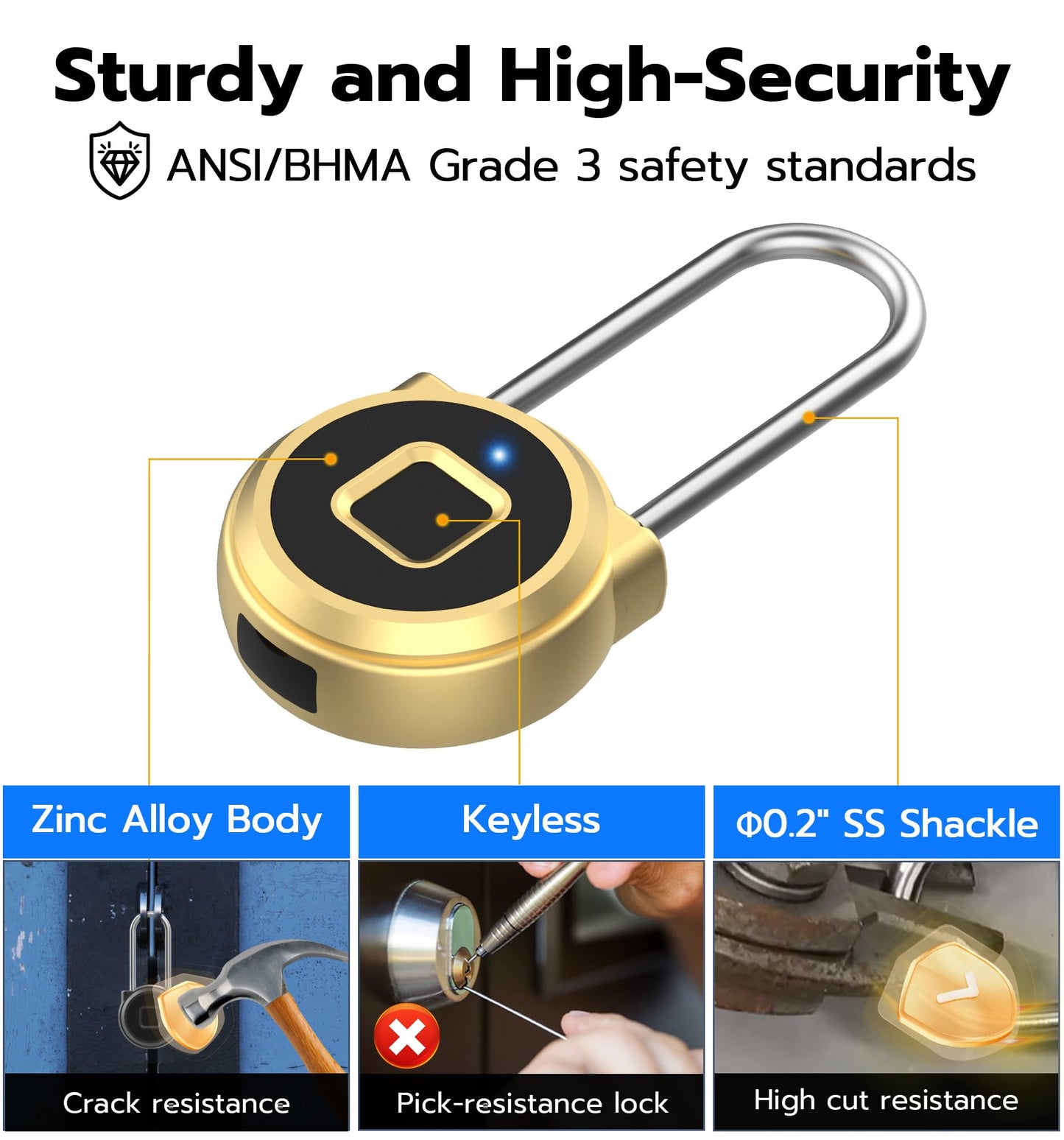 Anweller Fingerprint Gym Locker Lock, Keyless Biometric Long Shackle Small Padlock, Electronic Digital Bluetooth Smart Waterproof Pad Lock for Outdoor Fence Gate School Storage Sport Backpack Travel