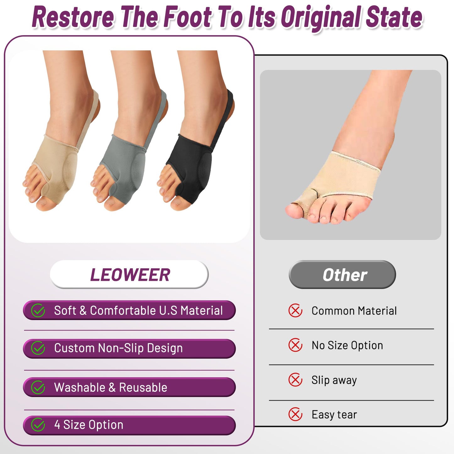LEOWEER Bunion Corrector Sleeve, Breathable Bunion Big Toe Alignment Splint with Anti-Slip Heel Grip,4 Sizes,Extra Thick Gel Pads & Adjustable Straps for Hallux Valgus Comfort. (Beige, XL: MEN 10-13)
