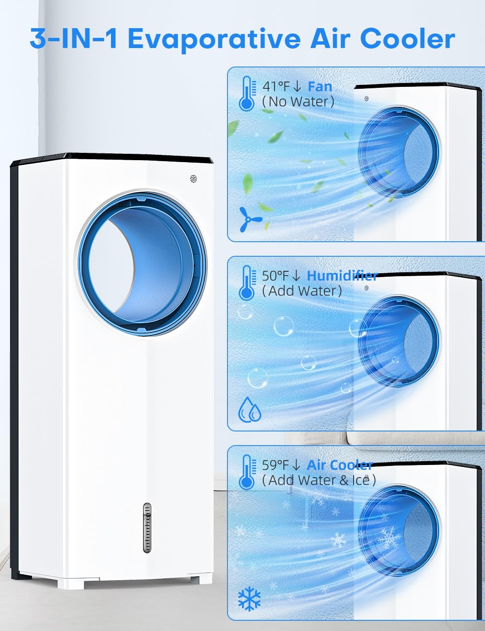 CENSTECH Windowless Air Conditioner, 27" Bladeless Evaporative Air Cooler with 4 Modes & 3 Speeds, Double Tanks for 24H Cooling, 25FT Remote, 7H Timer, 360° Swing Portable Swamp Cooler Air Conditioner