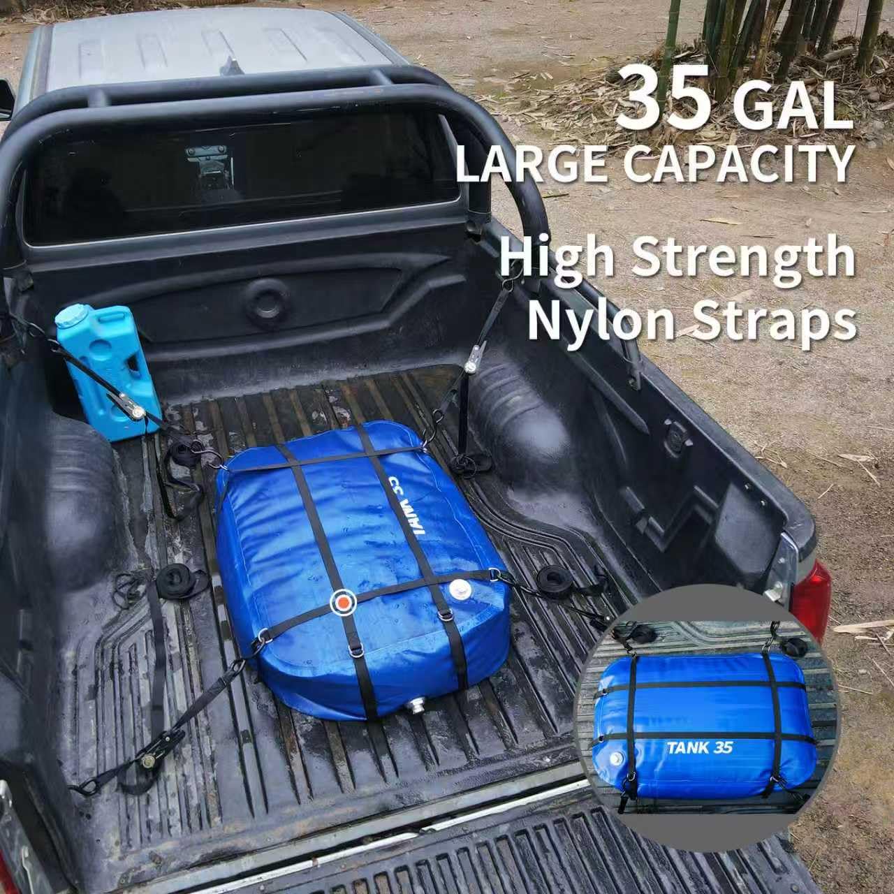 TPU Water Storage Bladder, 35 Gallon Portable RV Fresh Water Tank, Food Grade BPA Free Collapsible Flexible Container for Drinking, Camping, Irrigation & Emergency-Hurricane, Drought, Fire (3/4” GHT)