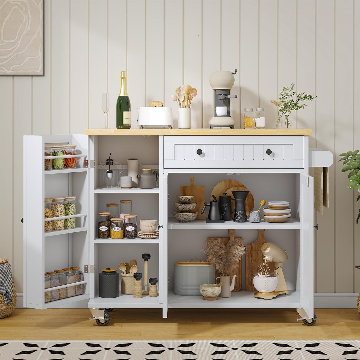 Bigbiglife Kitchen Island with Drop Leaf, Island Table on Wheels with Storage Cabinet, Modern Sideboard Buffet with Doors, Rolling Kitchen Island Cart for Dinning Room,White