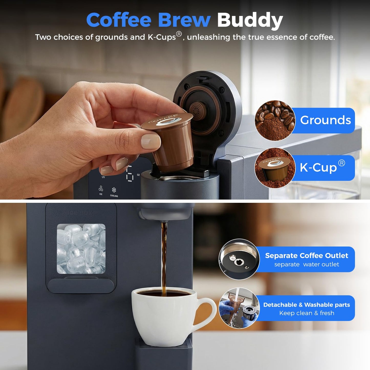 Oylus 3-in-1 Water Dispenser with Ice Maker - Coffee Maker Countertop Bullet Ice Maker with 12H Timer, Hot/Cold/Warm Adjustable Volume Water, K-Cup® Ground Coffee Brewer for Home Office Studio Gift