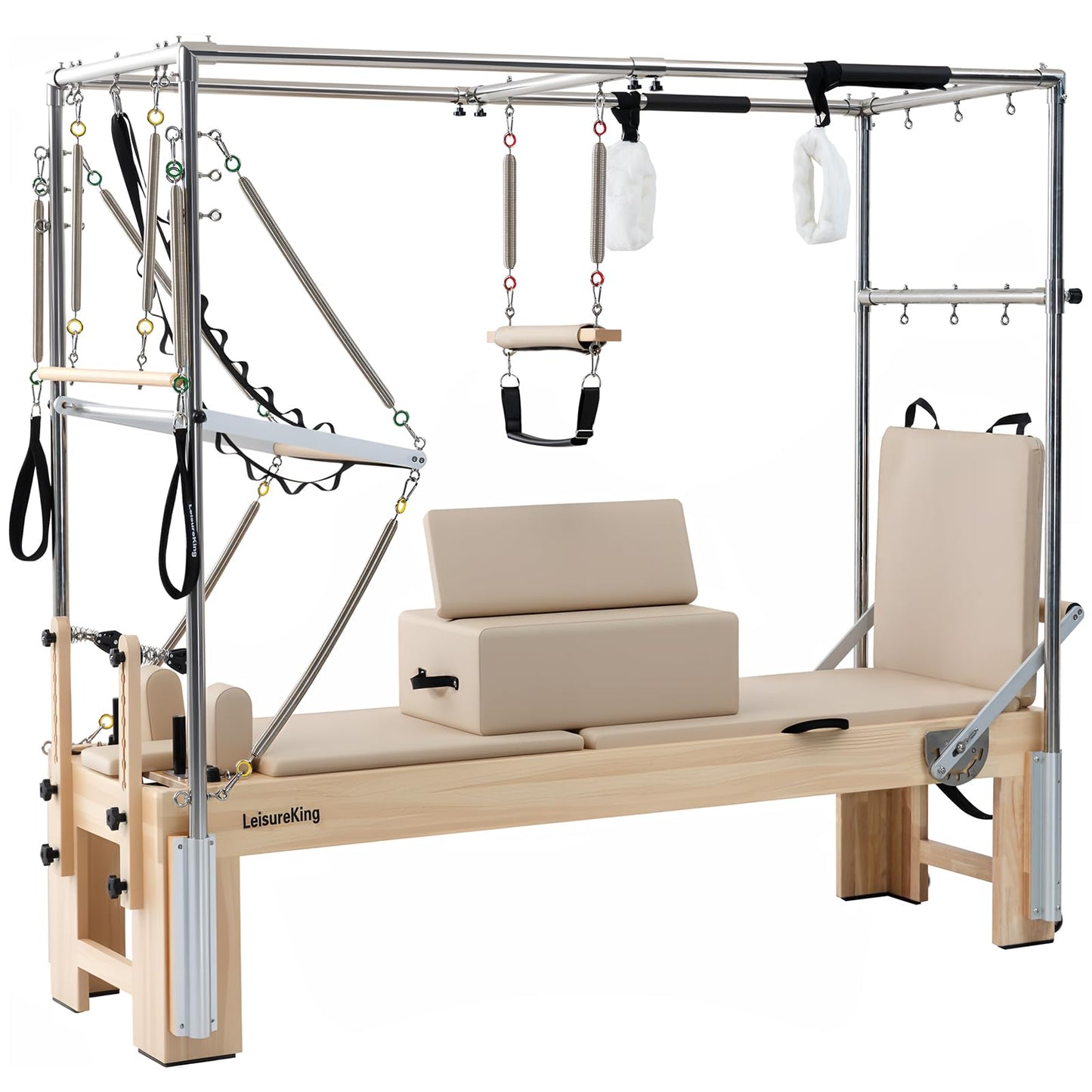LeisureKing 3-in-1 Pilates Reformer, Wooden Pilates Machine Equipment with Cadillac Trapeze Table & Tower, Studio Grade Reformer Workout Equipment for Home Gym with All Accessories, Beige