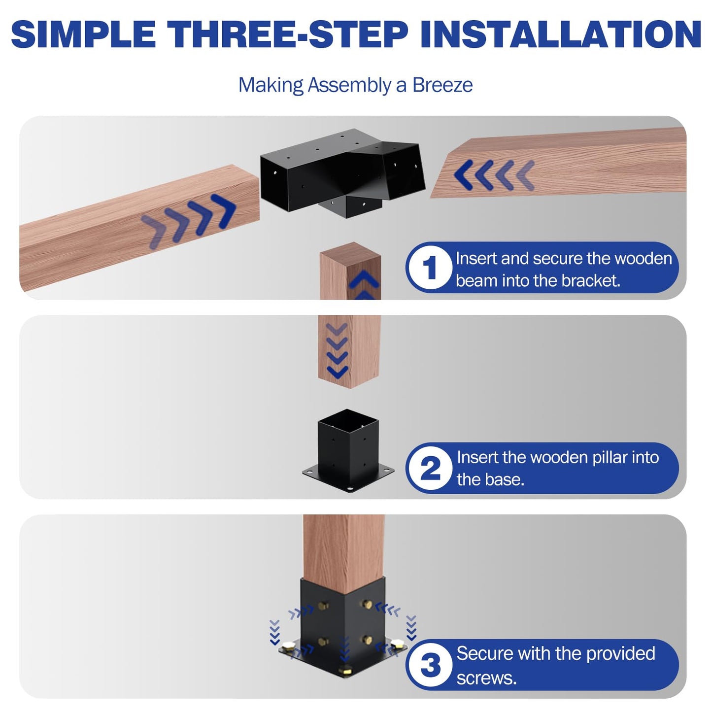 Pergola Kit - 3-Way Slanted Brackets, Powder-Coated, 4" x 4" (Actual: 3.5x3.5 Inch), Hardware for Outdoor Wood Pergolas, Gazebos, Sheds (8 pcs)