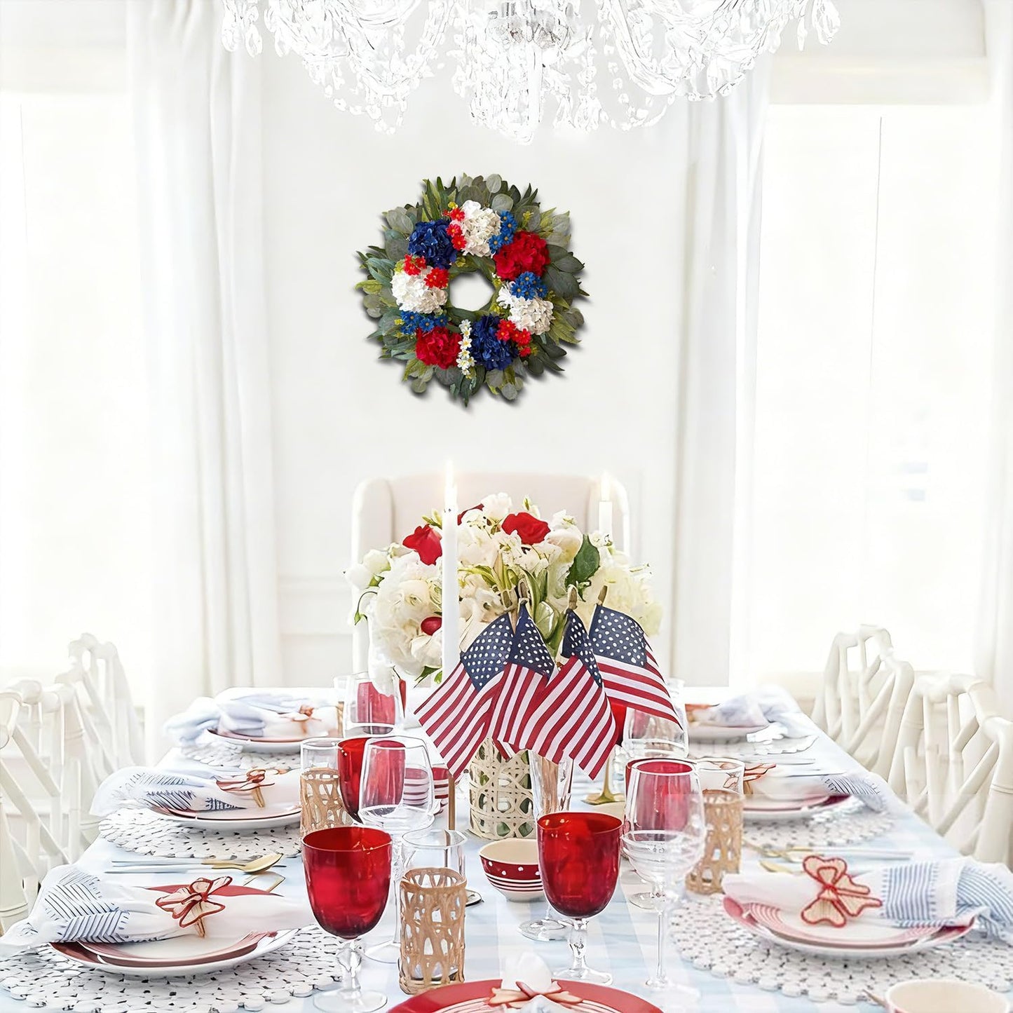 WANNA-CUL Patriotic 24-Inch Hydrangea Wreath - Red, White & Blue 4th of July Decor for Indoors & Outdoors