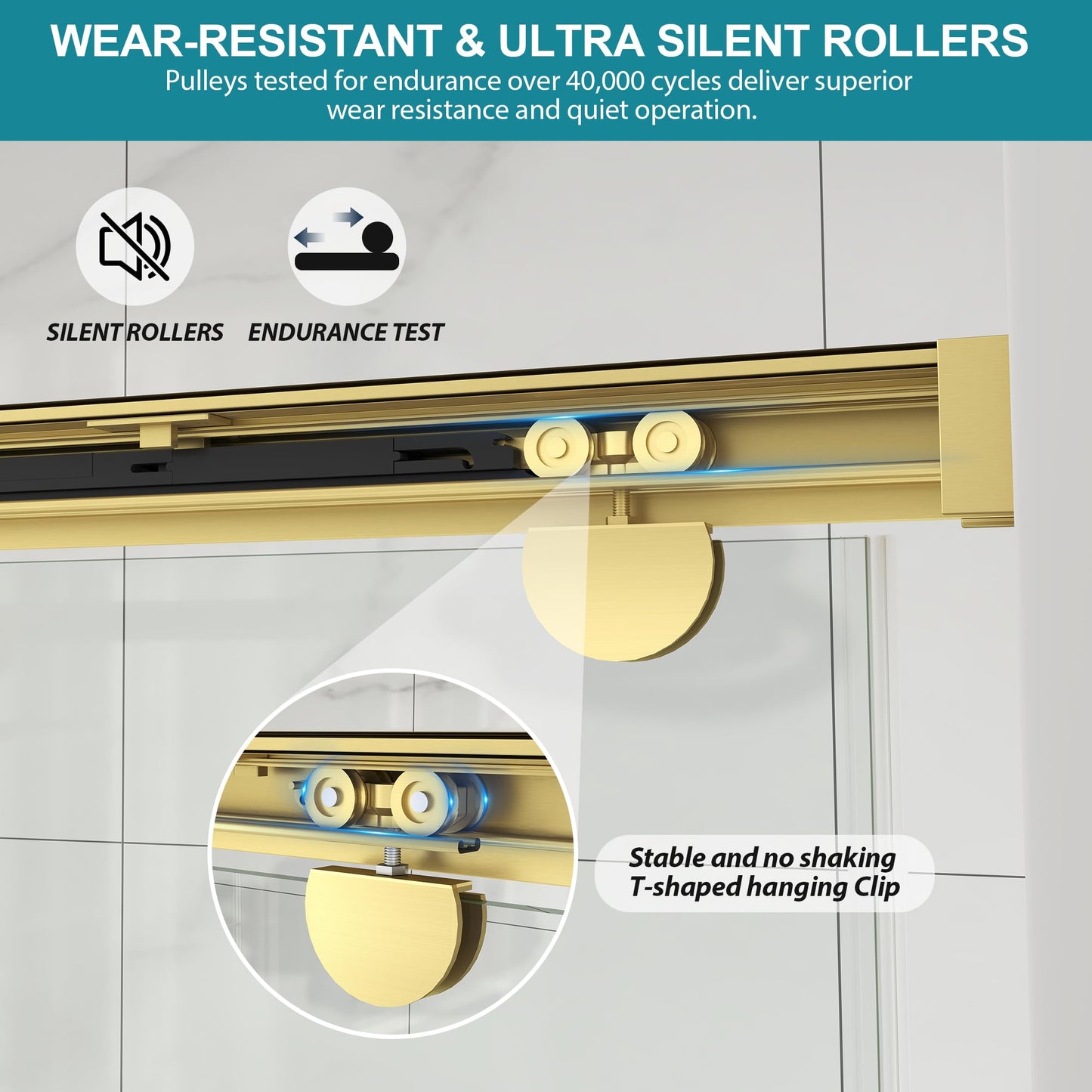 Frameless Shower Door with Soft-Close & Anti-Leak,5/16" (8mm) Double Sliding Shower Door,Nano Coating Anti-Explosion Film SGCC Tempered Glass 43"- 48" W x 76" H,Brushed Gold