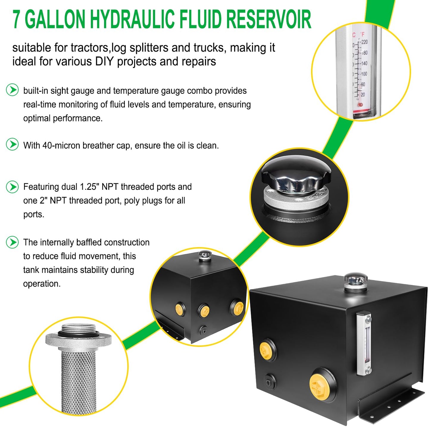 7-Gallon Hydraulic Fluid Reservoir Oil Tank For Tractors, Trucks & Log Splitters, Built-in Sight Gauge/Temp Gauge Combo, Heavy Duty Steel Construction, Horizontal-Mount