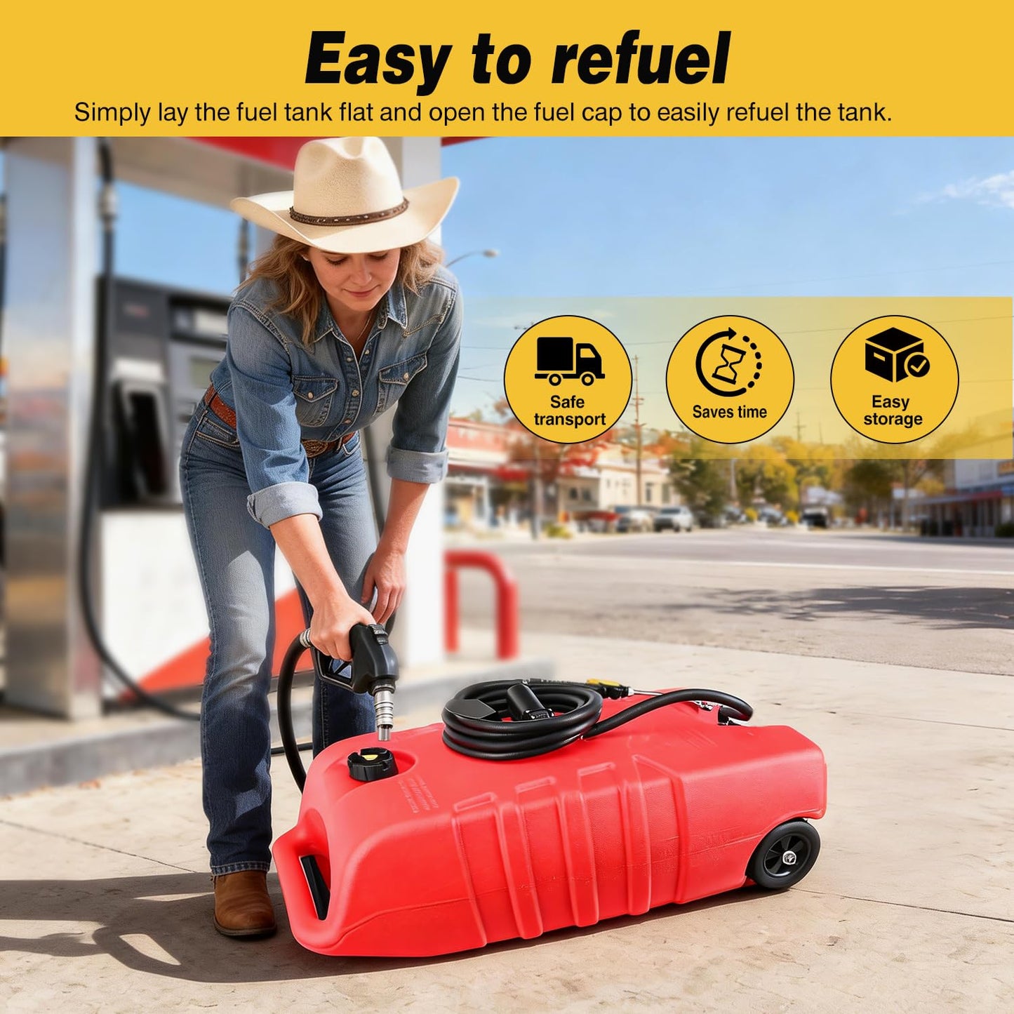 GOOACC 14 Gallon Fuel Caddy, Portable Fuel Transfer Tank with 12V DC Electric Pump, Heavy-Duty Empty Gasoline/Diesel Storage Container with Wheels and 10FT Hose for Motorcycles Boats Lawn Mowers, Red