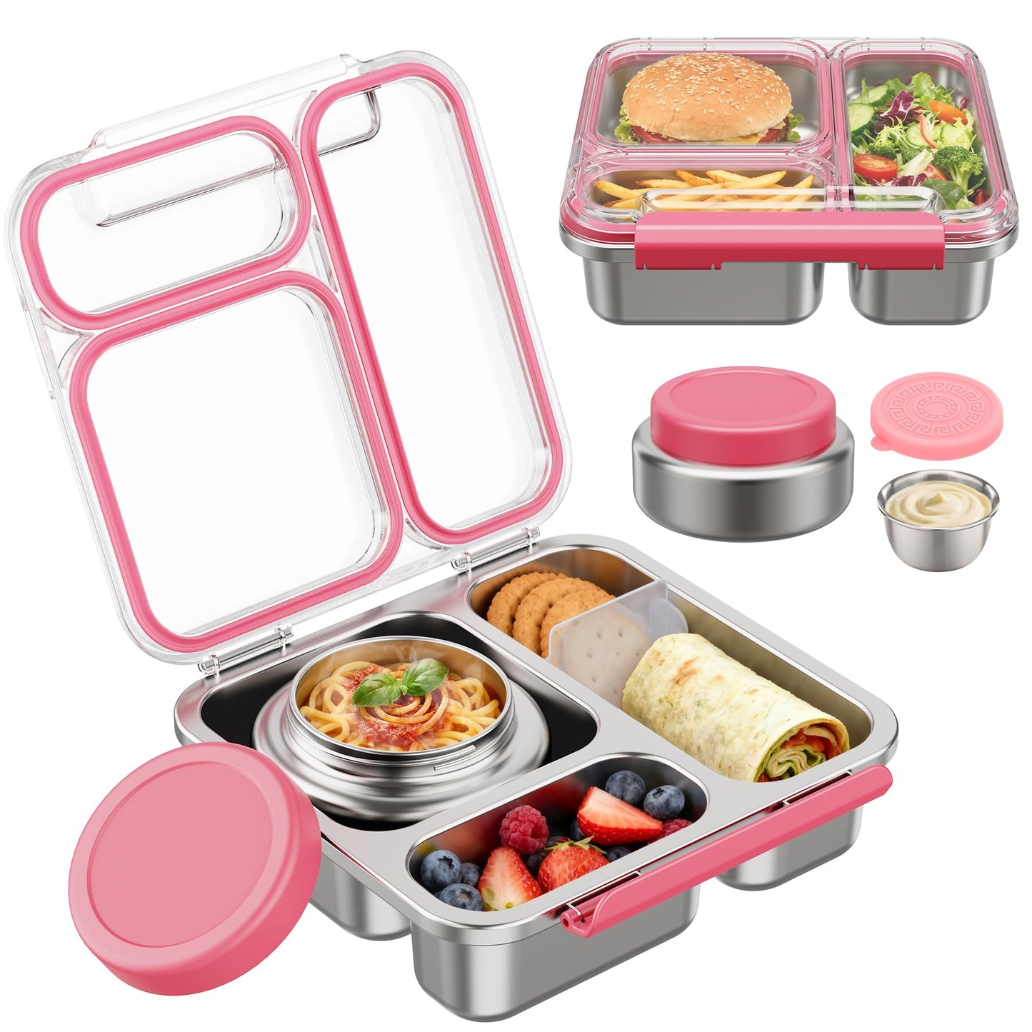 Pawtong Stainless Steel Bento Box Kids Adult with 7oz Insulated Food Jar, Transparent Lid Metal Lunch Box With Soup Thermal Jar, Lunch Box Container with Removable Divider & Sauce Cup School (Pink)