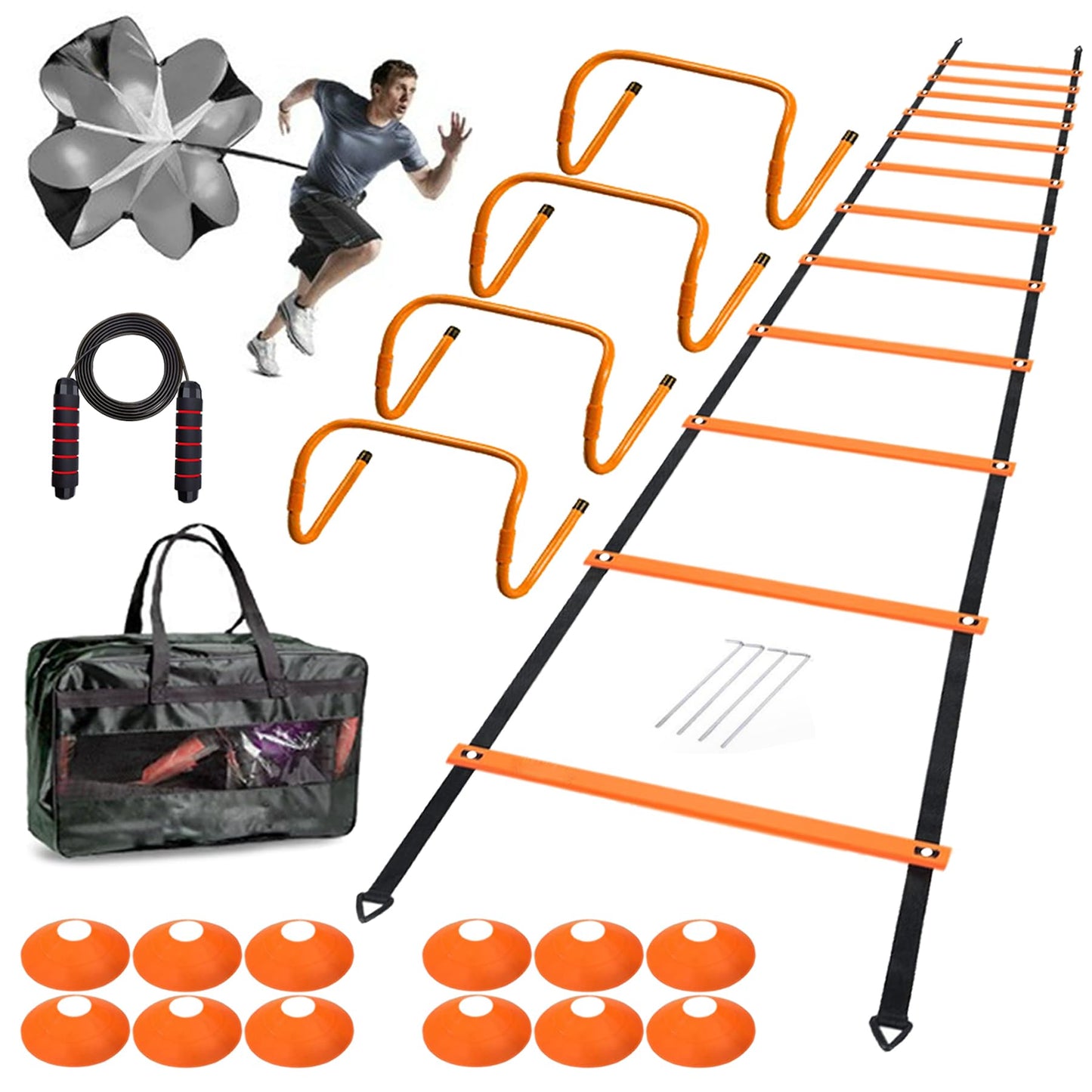 ENDIESS Agility Ladder Set 20ft, 4 Hurdles, 12 Soccer Cones, Jump Rope & Running Parachute - Speed Agility Training Equipment for Soccer Fitness Kids Youth Adults