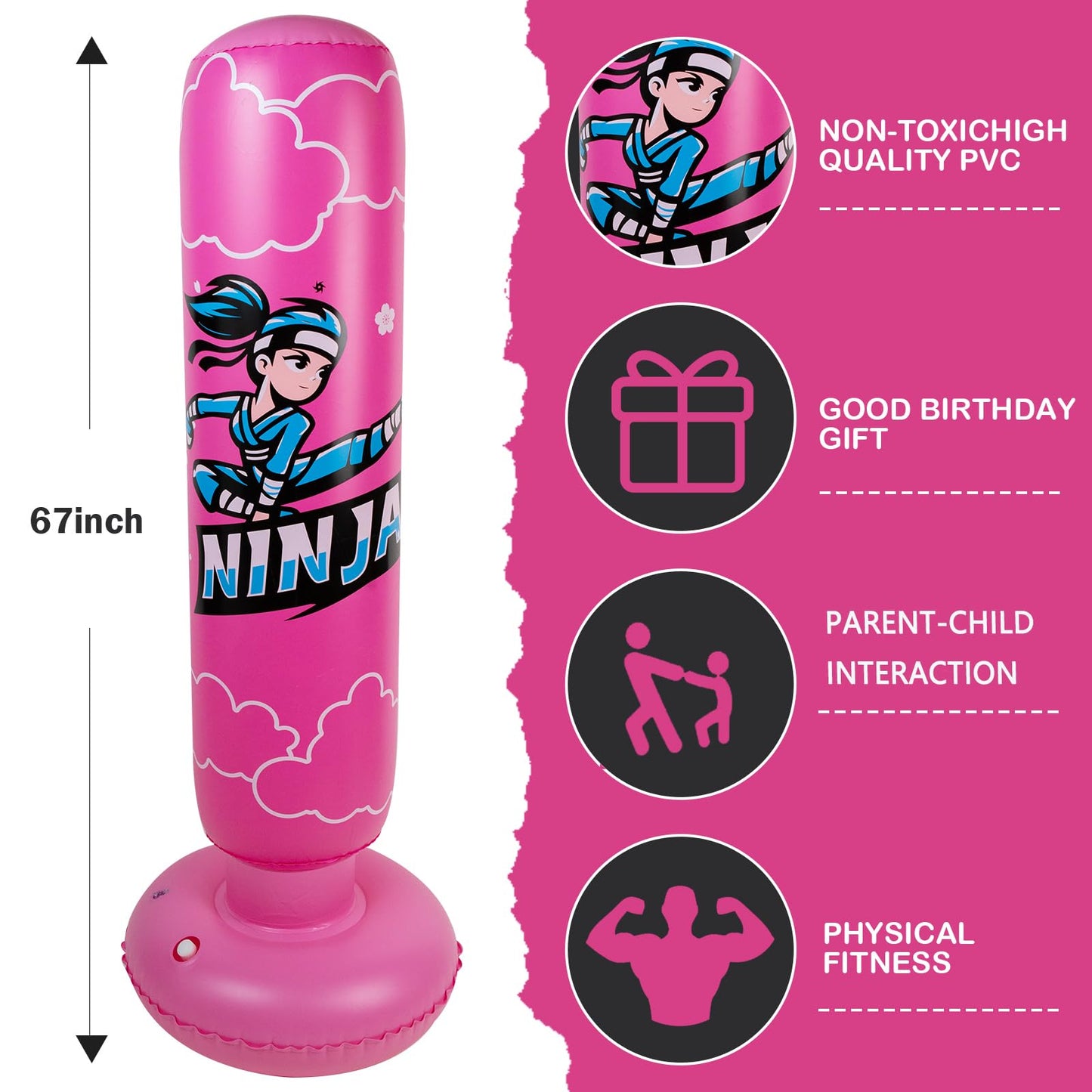 Onirii Kids Inflatable Punching Bag,66 Inch Large Stable Kids Inflatable Boxing Bag Toy Set with Gloves,Great Gifts for Boys & Girls Age 6-12 for Taekwondo,MMA and Practicing Karate