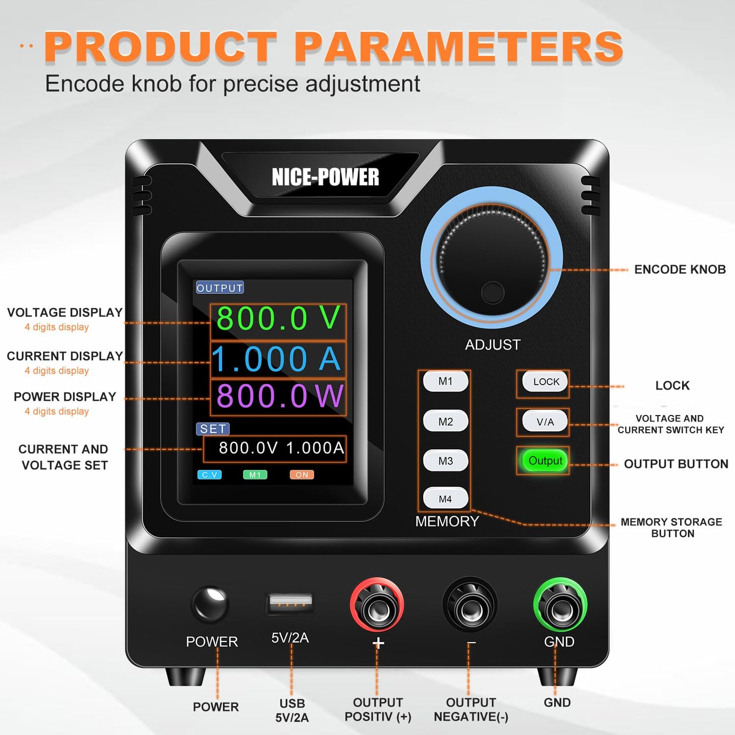 NICE-POWER DC Power Supply Variable, 0-800V 0-1A High Voltage Programmable Adjustable Regulated Bench Power Supply with Memory Storage, Encoder Knob, Output Switch, Lock Button, PC Software