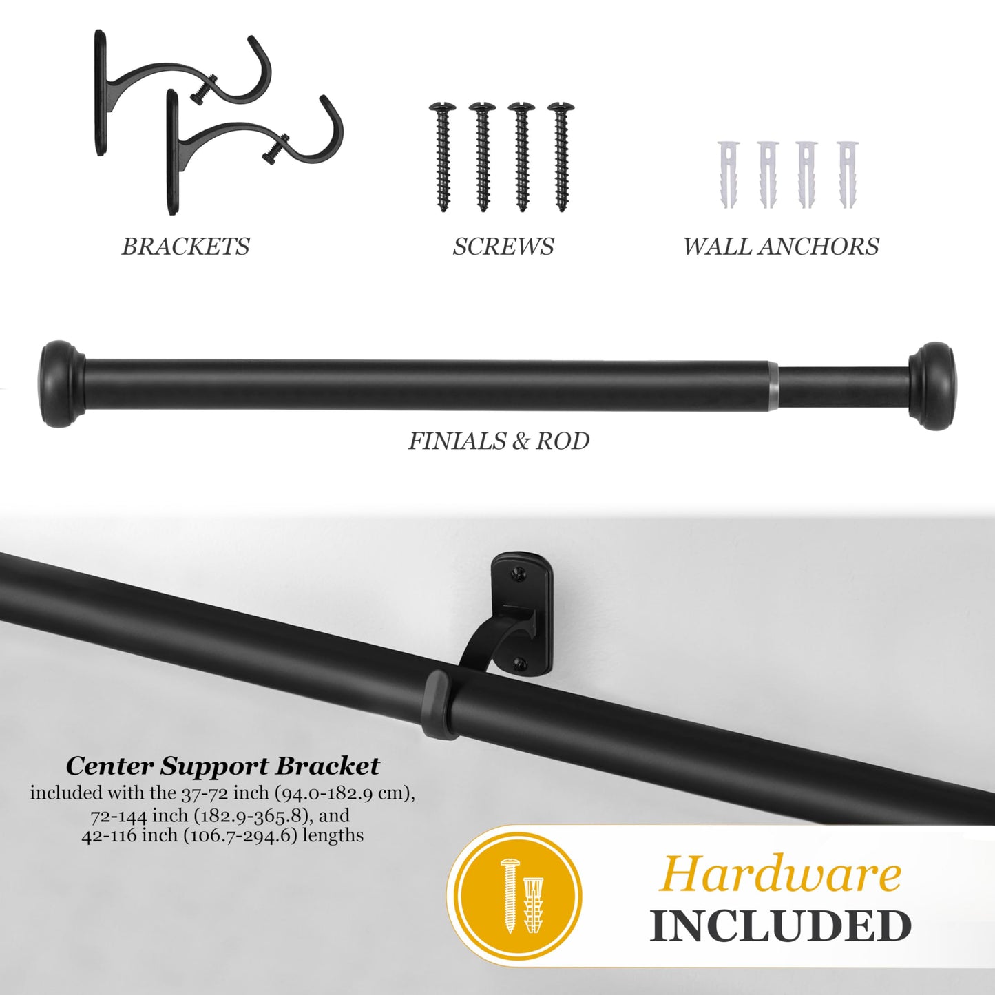 Kenney - Weaver Curtain Rod, Industrial Pipe Style with Rust-Resistant Textured Steel, 1" Diameter, Adjustable 42"–116", Durable for Indoor or Covered Outdoor Use, Black