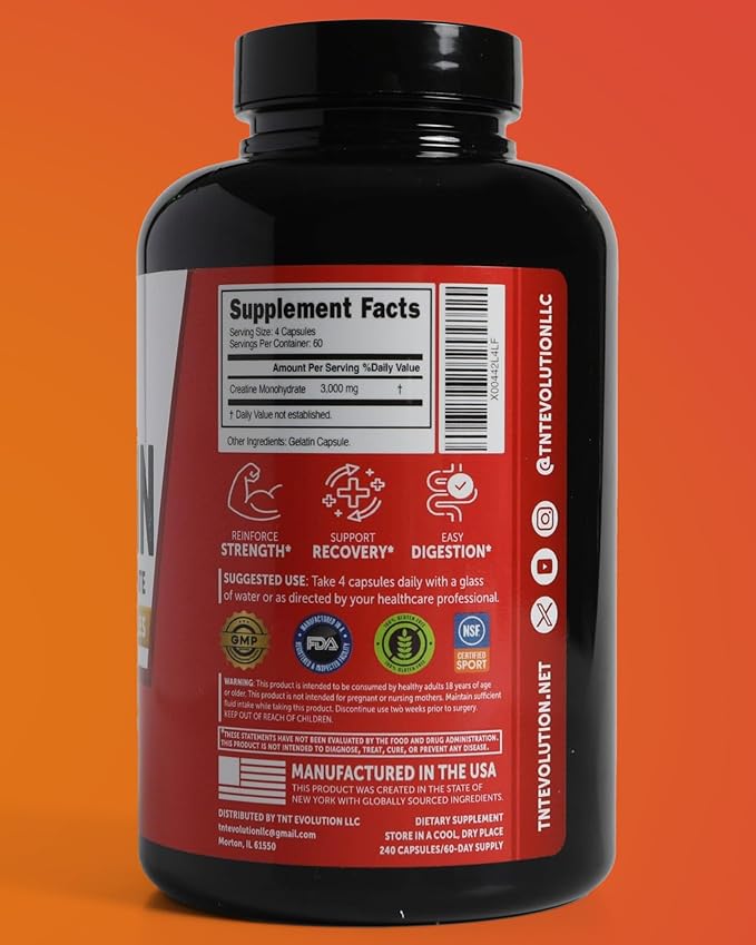 Creatine Monohydrate Capsules – 750mg Capsule for Men & Women – 60 Serving – Pure Micronized Creatine for Strength, Fitness & Sport – 240 Count, Gluten Free Nutritional Supplement