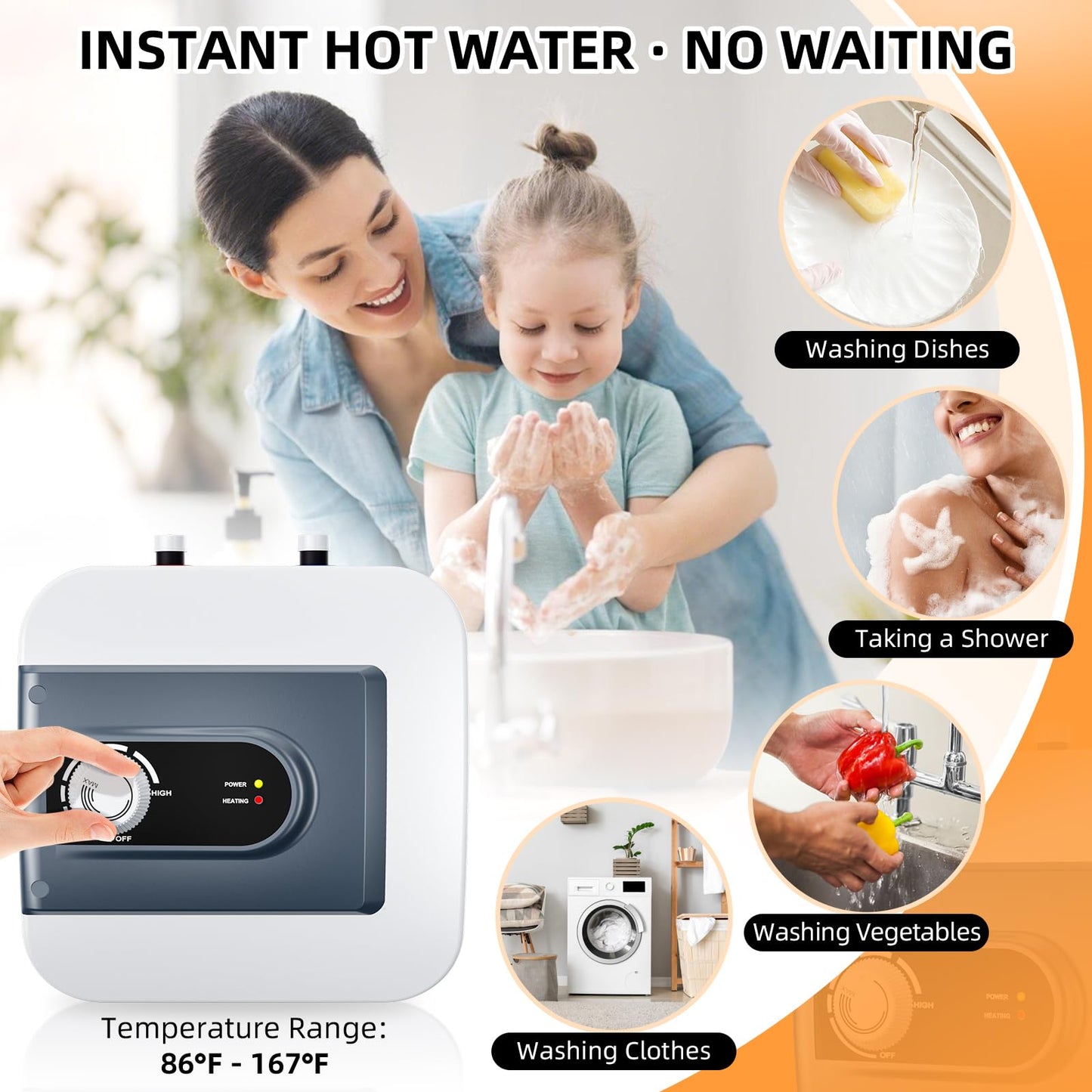 Electric Mini Tank Water Heater, 8Gallon Under Sink On Demand Hot Water Heater, Wall or Floor Mounted, 1500W Point of Use Instant Hot Water for RV Kitchen Bathroom Restaurant