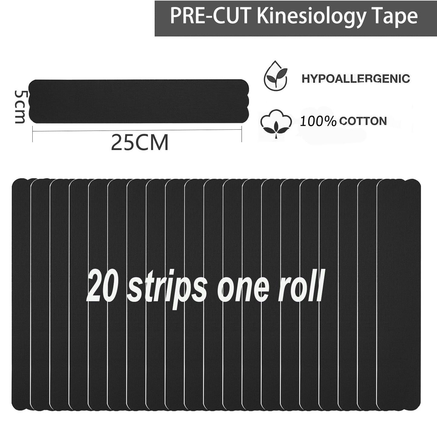 Kinesiology Tape Pro Precut 20 Strips Athletic Sports Waterproof Breathable Latex Free Tape for Ankle Wrists Knee Elastic Running Tennis Swimming Football Sports Activities Tapes (Black)