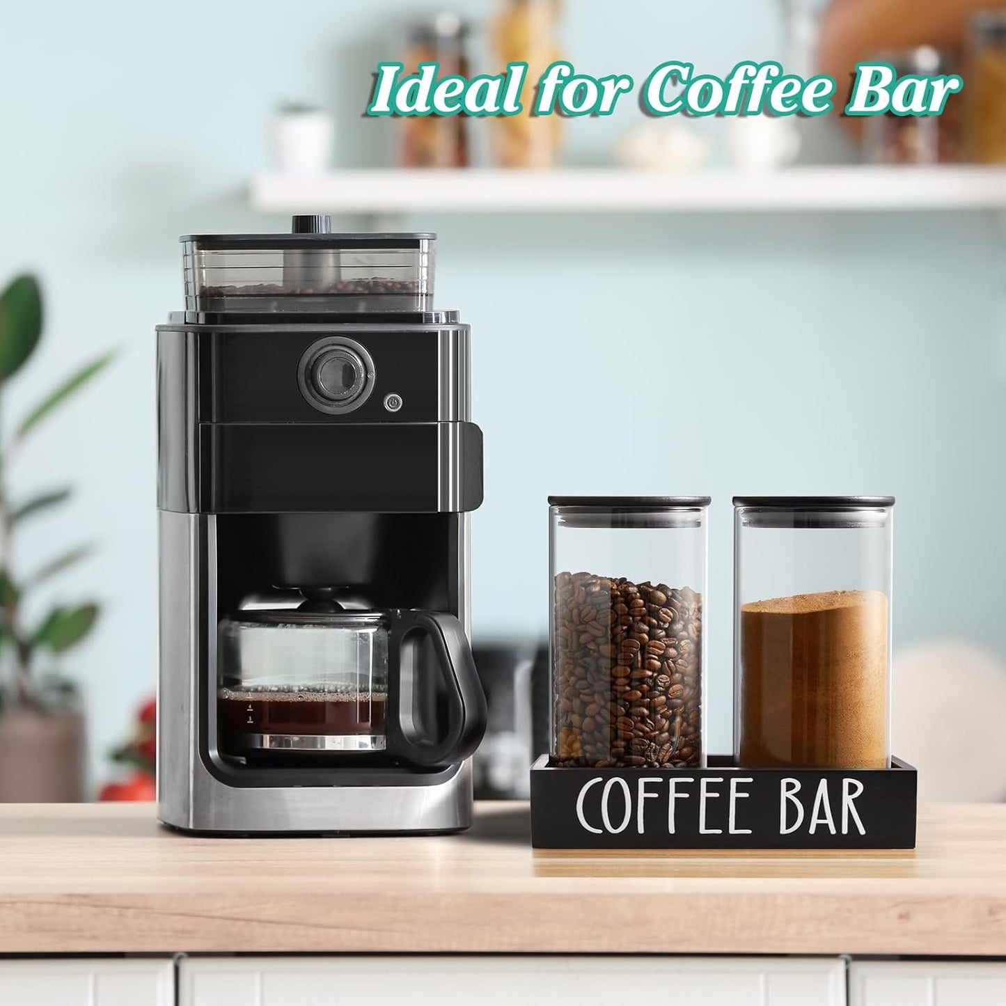 Skiennix Glass Coffee Canister Set - 2Pcs 45oz Airtight Containers with Bamboo Lids & Black Tray | Stylish Coffee Storage Jars for Home Decor