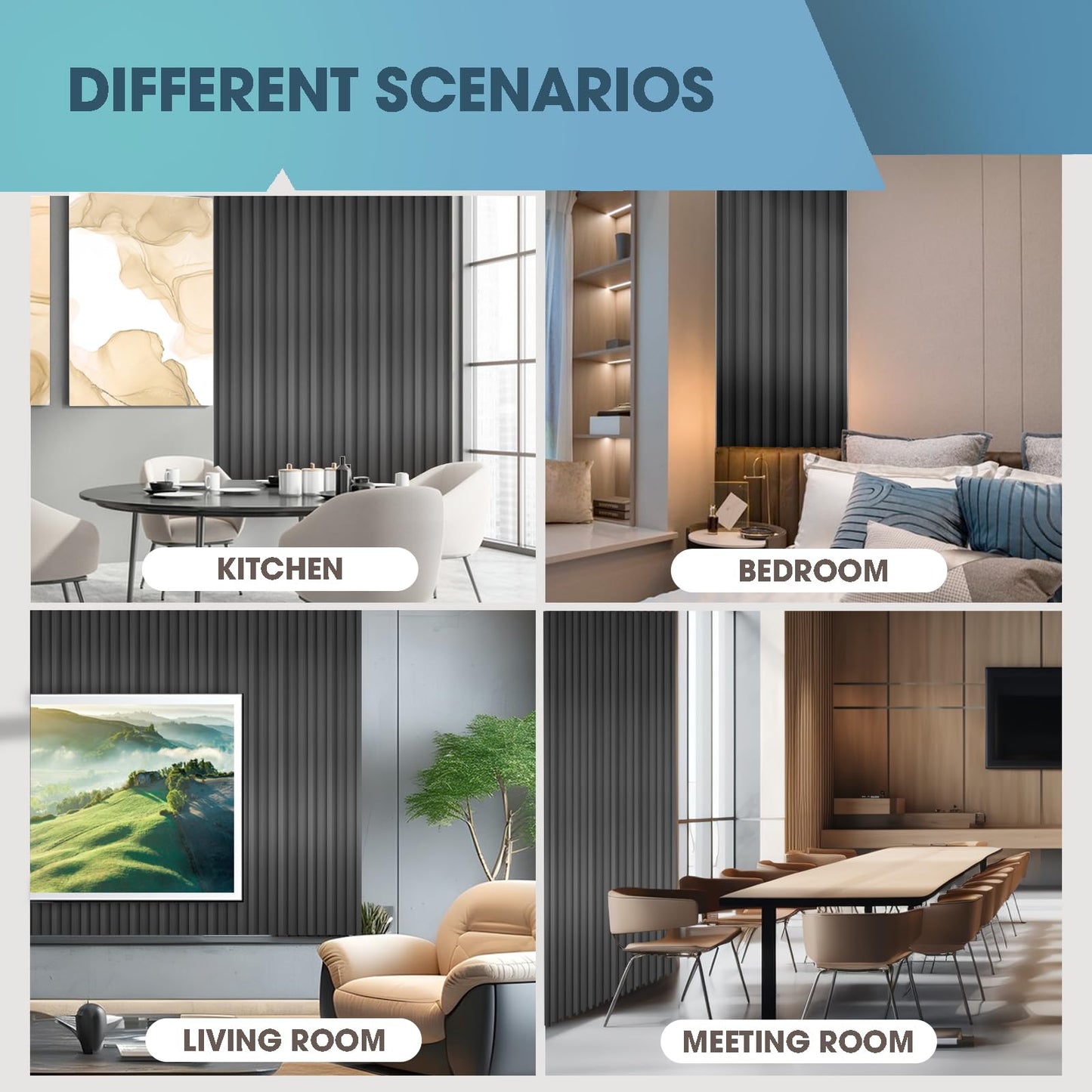 OUZUGIE WPC Acoustic Slat Wall Paneling, 8-Pack 114 x 6 Inches 3D Wall Panels for Interior Wall Decor,Living Room,TV Background,Study Room,Office Spaces,Bedroom,Low Grille (Metallic Dark Gray)