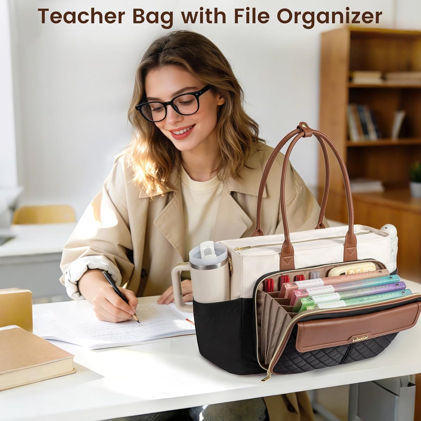 40oz LOVEVOOK Teacher Tote Bag for Women, Laptop Bag Briefcase with Accordion File Pocket, Nurse Handbag for Work