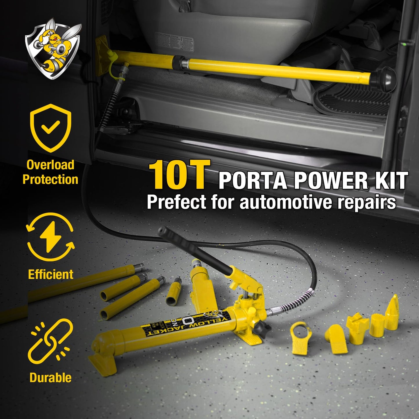 YELLOW JACKET 10 ton Porta Power Kit Hydraulic Ram Jack Pusher Puller Auto Body Frame Repair Tool with Blow Mold Carrying Storage Case for Car Repair,Truck,Farm