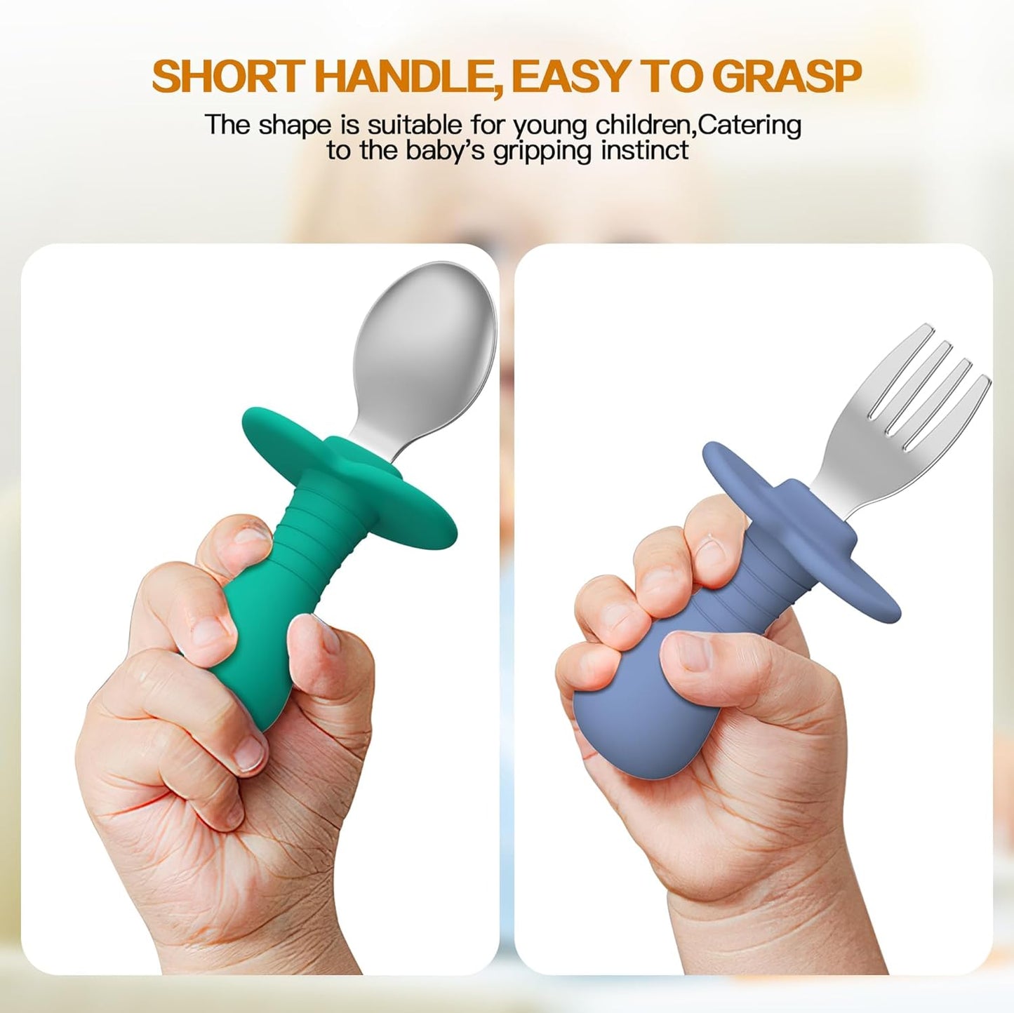 Skiennix Toddler Spoons and Forks Set - 4-Piece Kids Silverware with Silicone Handle | BPA-Free, Anti-Choke Design (Dark Blue, Green)
