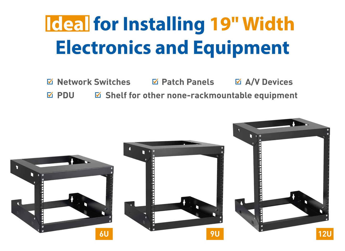 12U Wall Mount Rack Open Frame 19 Inch Server Equipment 2 Post Network Cabinet 18 inches Depth Black by Tedgetal
