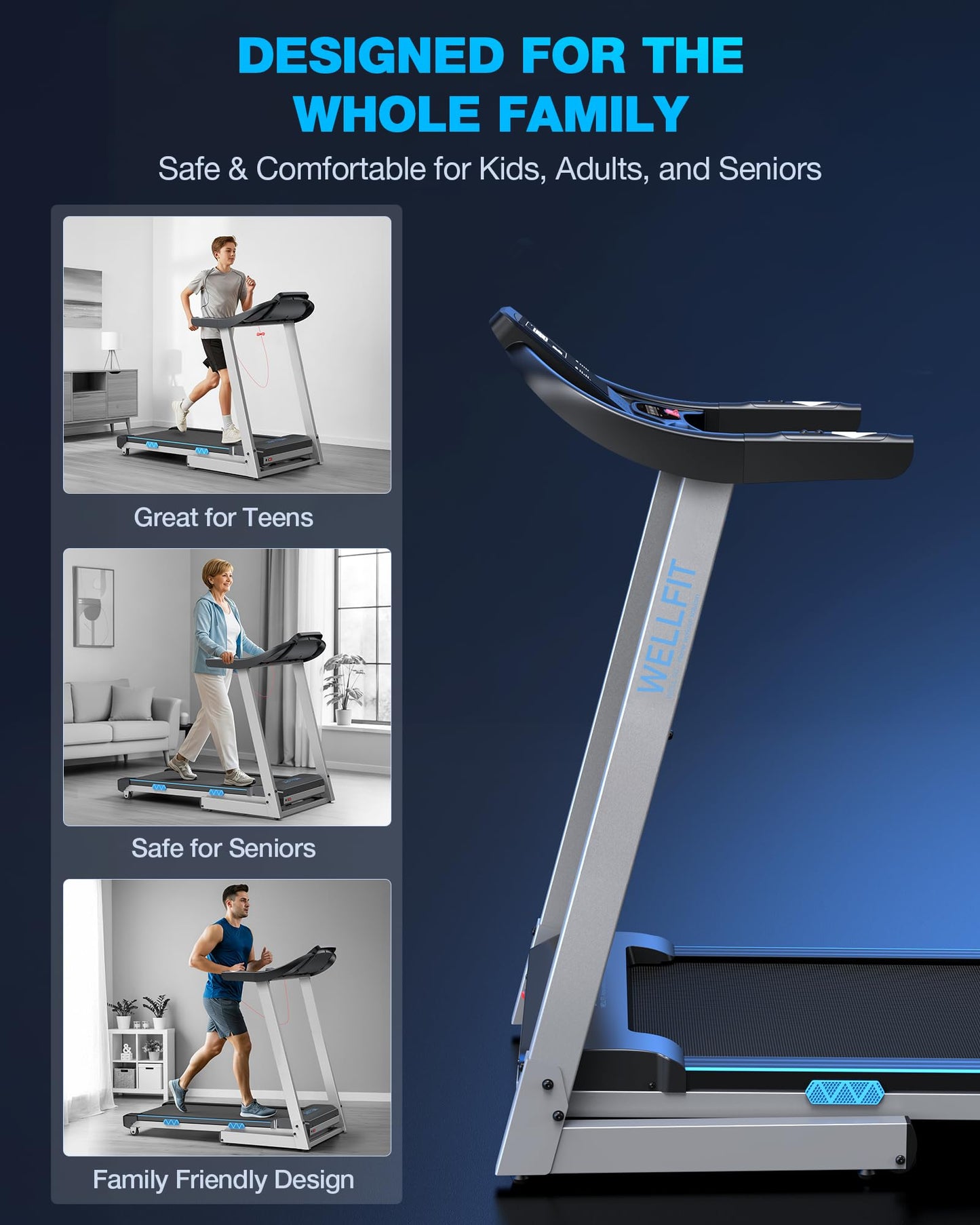 WELLFIT Treadmill with 15% Auto Incline, 400LBS Capacity, Foldable Treadmills with Handlebar, Heart Rate Sensor, LED Display, App Control, 4.0HP Heavy Duty Treadmill for Home, Seniors, Adults, Teens