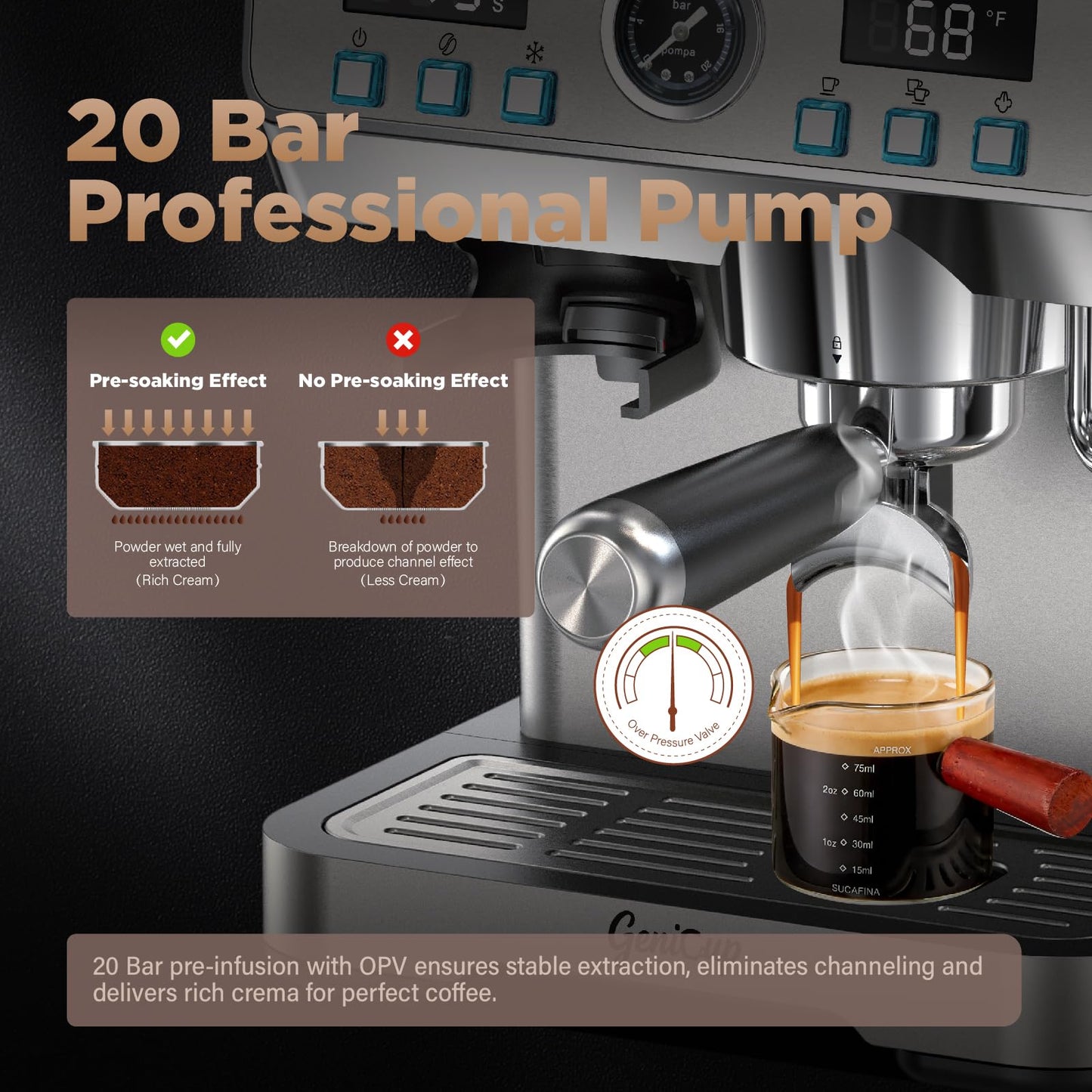 GeniCup Espresso Machine with Grinder 20 Bar Professional Expresso Coffee Machines for Home Customizable 194℉-203℉ Temp Control Espresso Maker with 68oz Water Tank All-in-One Coffee Maker Cold Brew