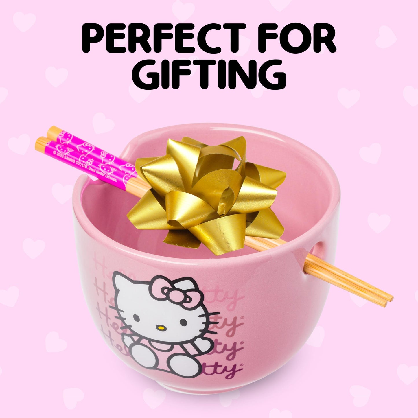 Silver Buffalo Sanrio Hello Kitty Waving Pink Ceramic Ramen Noodle Rice Bowl with Chopsticks, Microwave Safe, 20 Ounces,