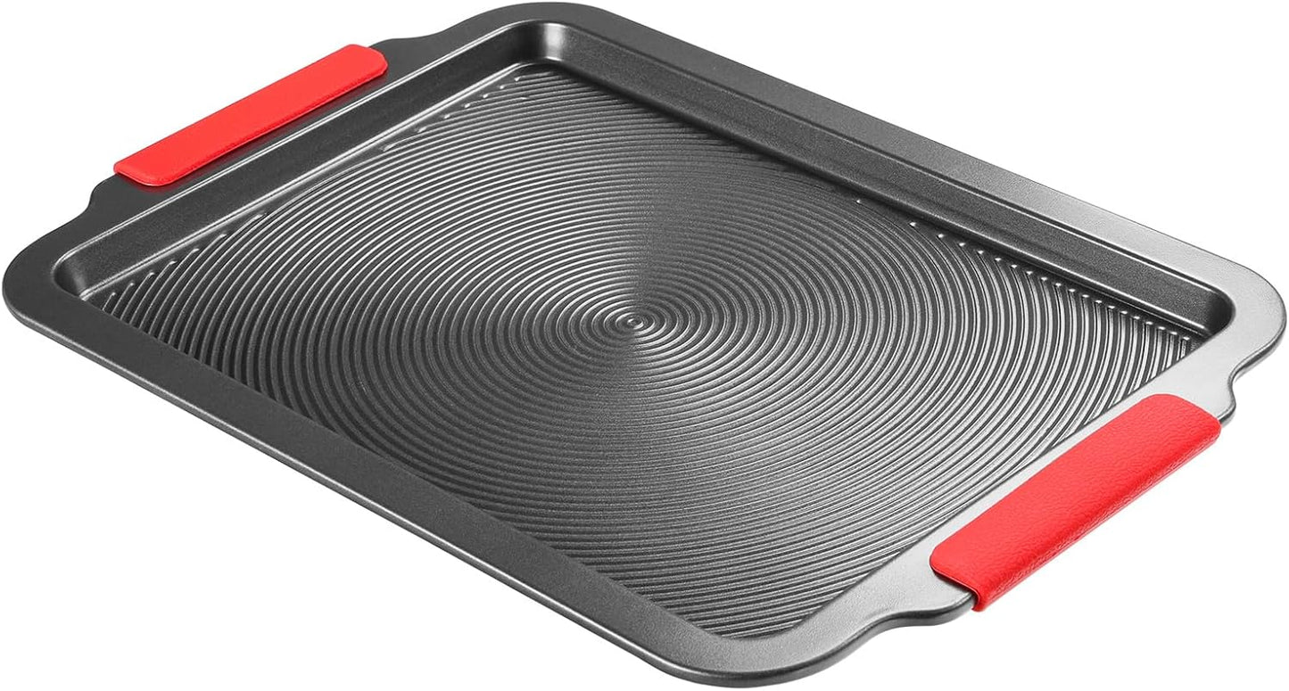 Skiennix Nonstick Baking Sheet - 16x11in Cookie Sheet with Circle Grooves & Red Grips | PFAS/PTFE Free, Gray