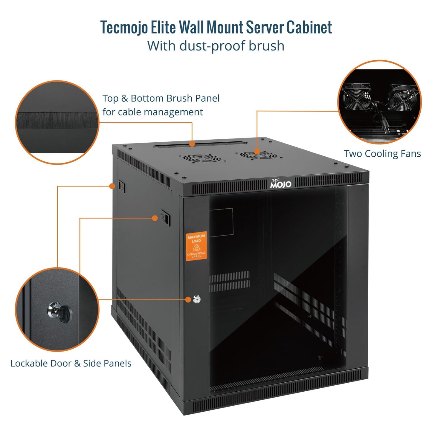 Tecmojo 12U Wall Mount Rack Cabinet, Heavy-Duty 176 Lbs High Load Capacity, 19” Enclosed Server Network Rack with 2 Colling Fans, Glass Door, 23.6” Deep – Elite Collection