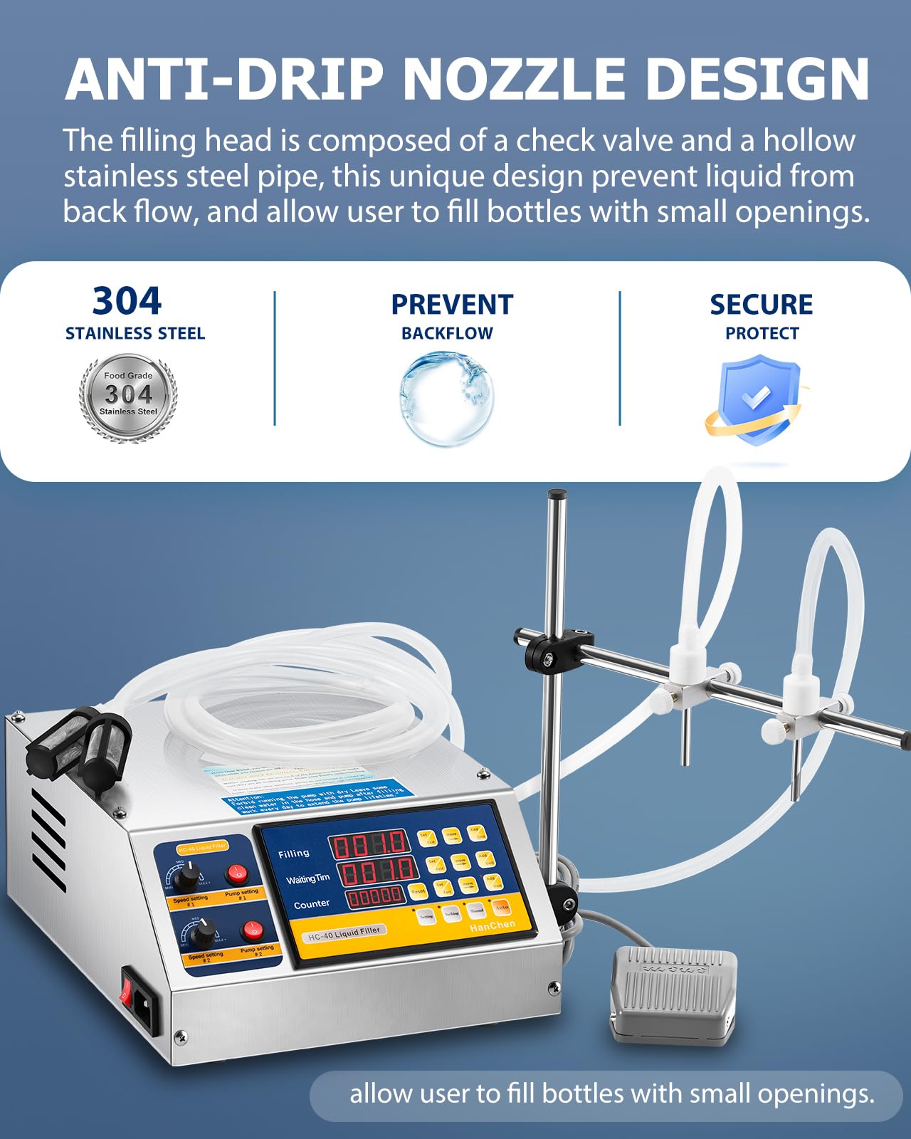 Hanchen Liquid Filling Machine Automatic Bottle Filler 1-135 Fl Oz Digital Liquid Filler Cosmetic Oil Filling Machine for MCT Oil, Milk, Beverage, Water, Juice, Essential Oil 2 Heads Diaphragm Pump