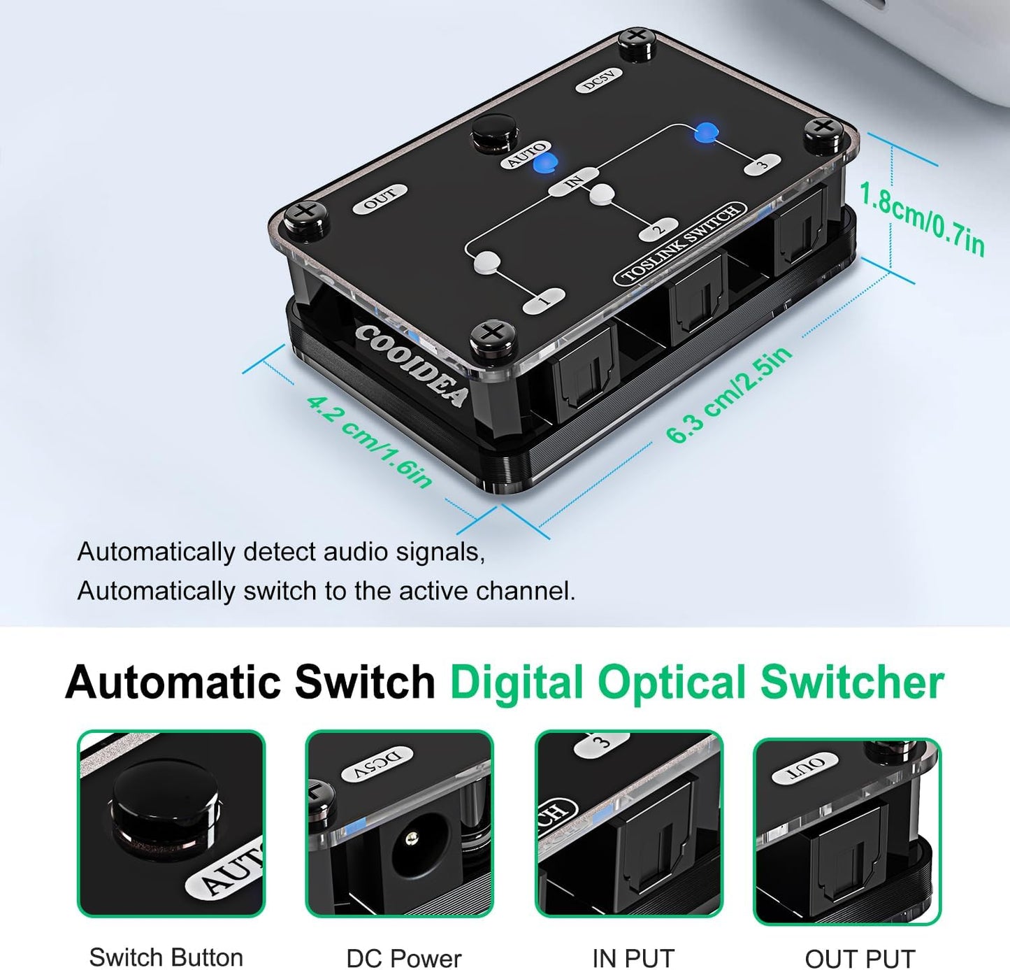 cooidea 3 1 192k/24Bit PCM2.0 Dolby-AC3 Toslink Automatic Switch Digital Optical Switcher in Out with Remote Control
