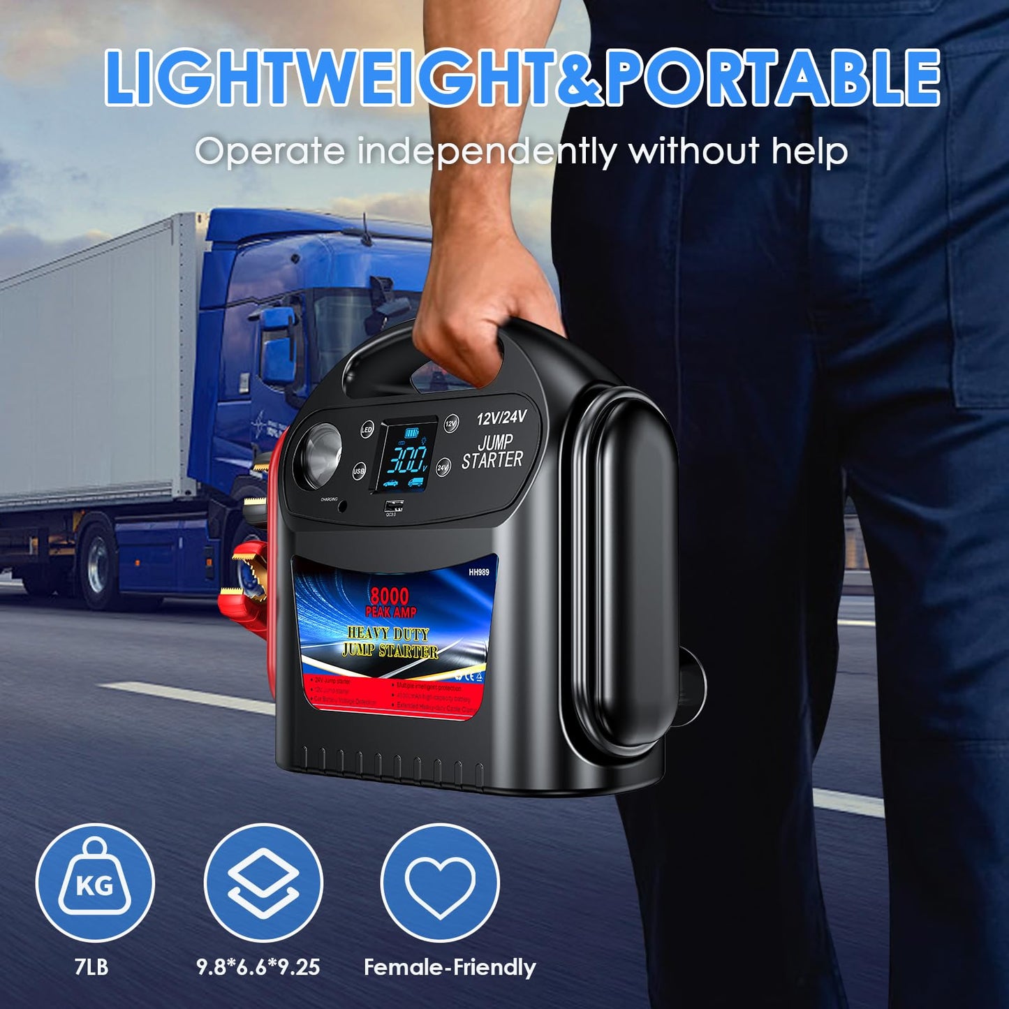 8000A 12V/24V Jump Starter for Large Gas & Diesel Engines, Heavy-Duty Portable Battery Booster Pack for Trucks, RVs & Commercial Vehicles with Force Start, Digital Display, LED Light & USB Charging