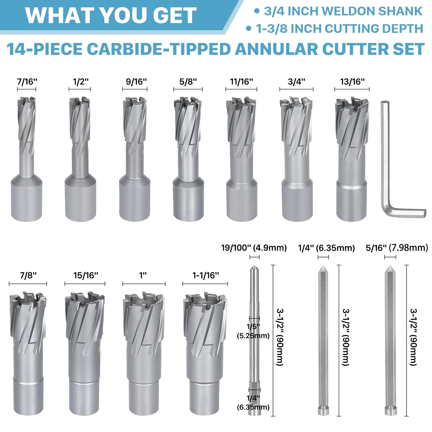 KEENTECH 14-PC Carbide-Tipped Annular Cutter Set, 7/16" to 1-1/16" Cutting Diameter, 1-3/8" Cutting Depth, 1/4" Weldon Shank Mag Drill Bits Kit, 3pcs Pilot Pins& 1pc Hex Wrench Included