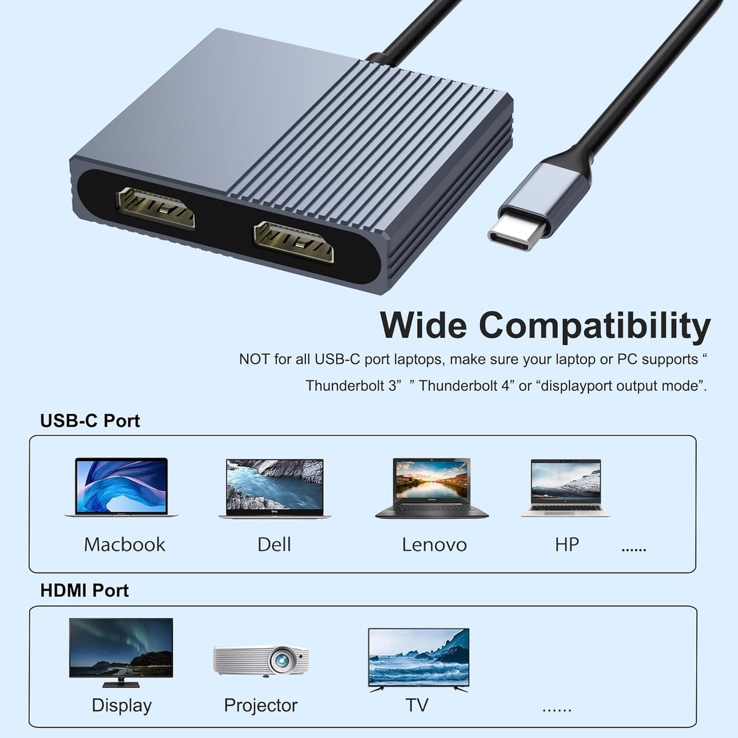 Movcle 2 4K@60hz HDMI Splitter for Dual Monitors, Dual HDMI Adapter for Monitors, Display, USB C to Double Adapter