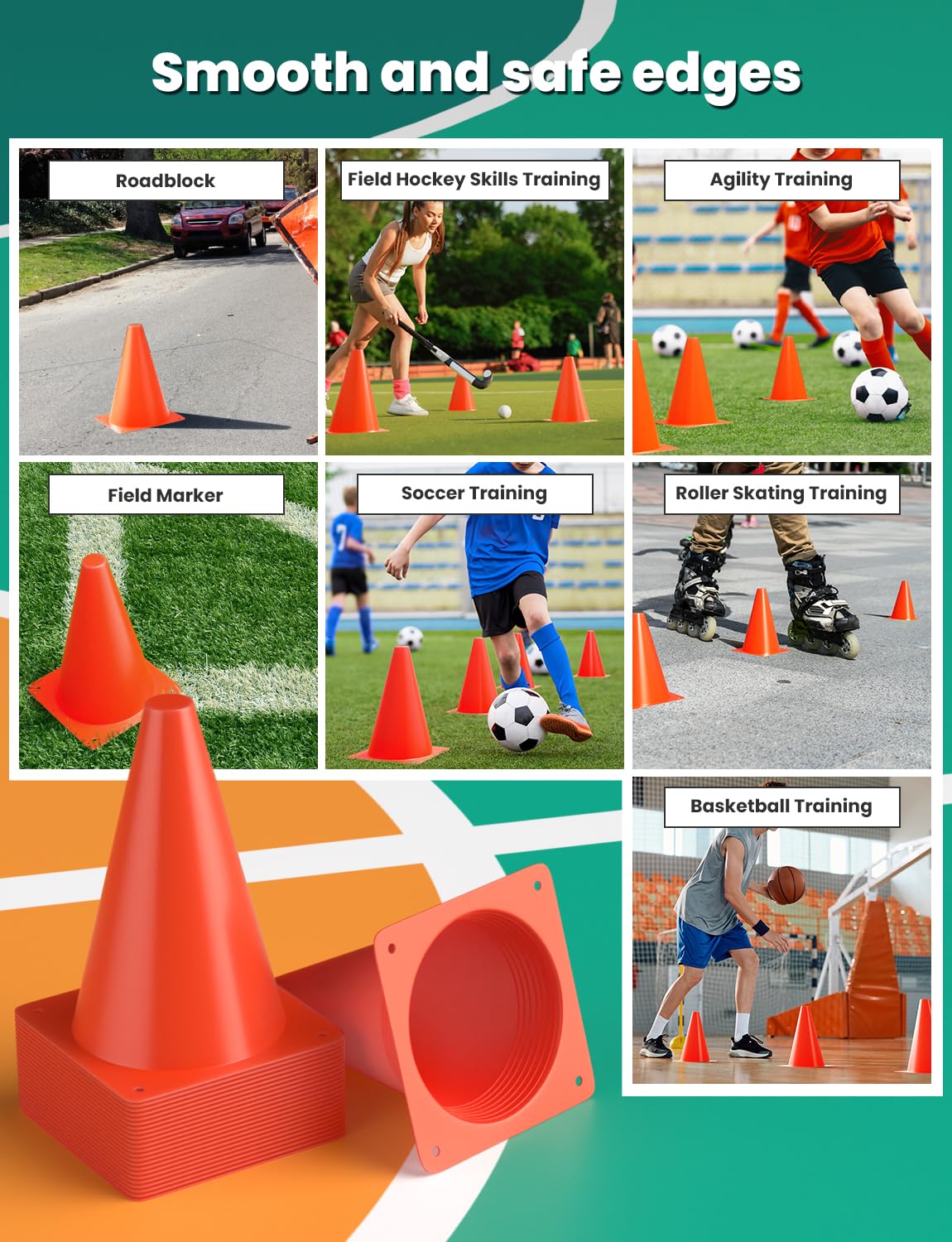 GHB Soccer Cones 7" 9" of 12 24 Pack Disc Soccer Sport Cones Training Field Marker Agility Cones for Basketball, Coaching, Practice Equipment Includes Drills Guide (7" 24Pcs Orange)