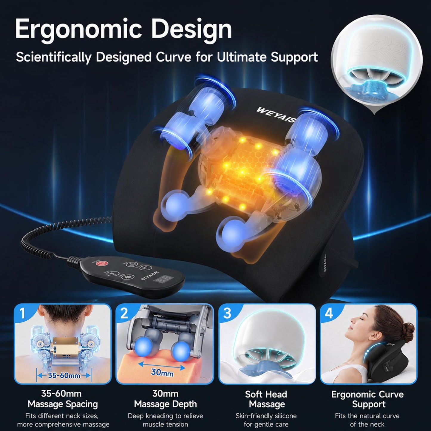 weyais Neck Massager Pillow, Neck and Shoulder Relaxer with Heat, 3 Modes and Strengths, Neck Massager for Pain Relief Deep Tissue, Remote Control, Gifts for Mom Dad Friends, Black